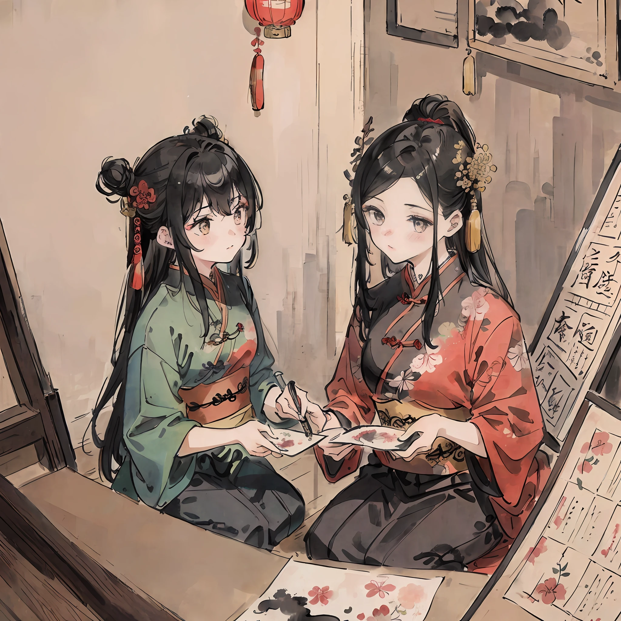 (Masterpiece, Top Quality: 1.2), Traditional Chinese Ink Painting, (2 Girls: 1.2), Shuimovi Sim, Shkezma, Hanfu,