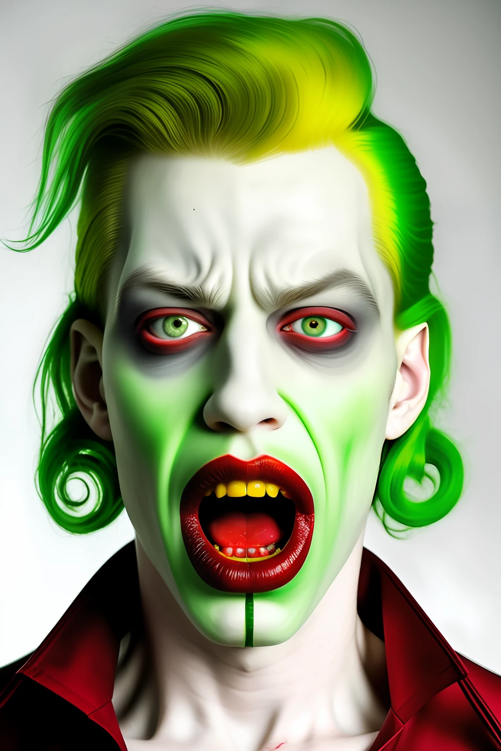 A man, baroque style, his hands are tearing his face, blood and flesh are blurred, his eyes are crazy lasers, extremely pale skin, blood-red lips, two columns of lips are torn out of huge cracks, a mouth full of yellow teeth, green hair, a long face