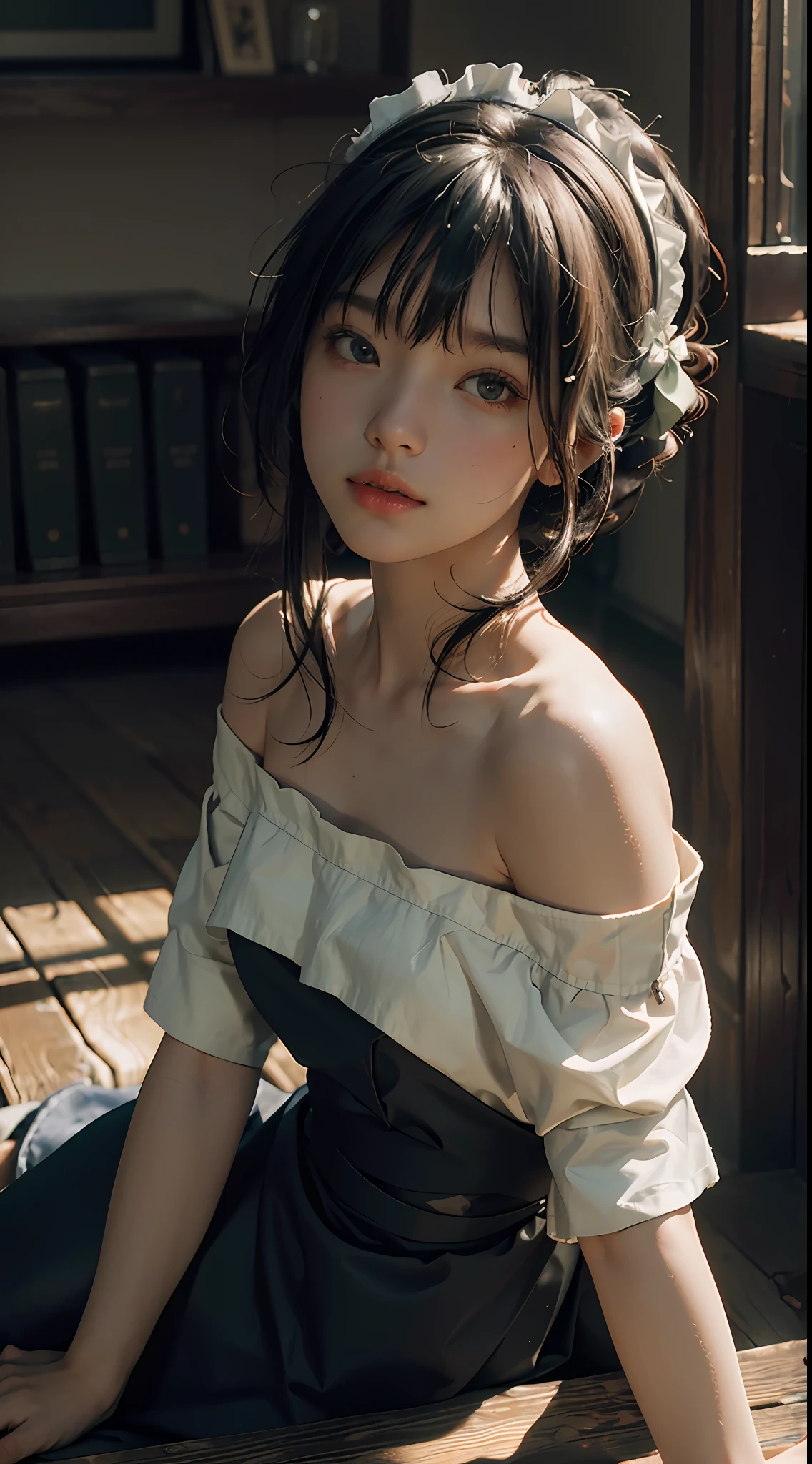 Best quality, masterpiece, ultra high res, (photorealistic:1.4), raw photo, 1girl, off shoulder, cinematic lighting, crawling, maid fuku, js, elementary school