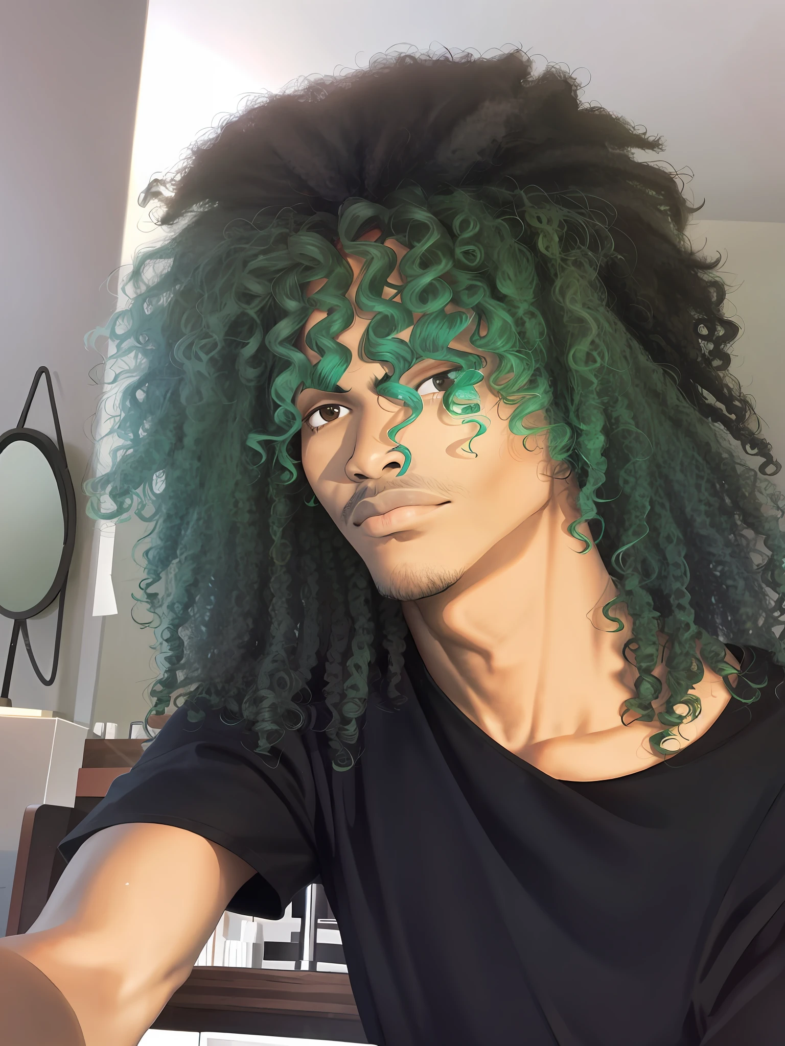 an afro man, thoughtful, black,, with curly red hair, afro, good quality, detail in good quality