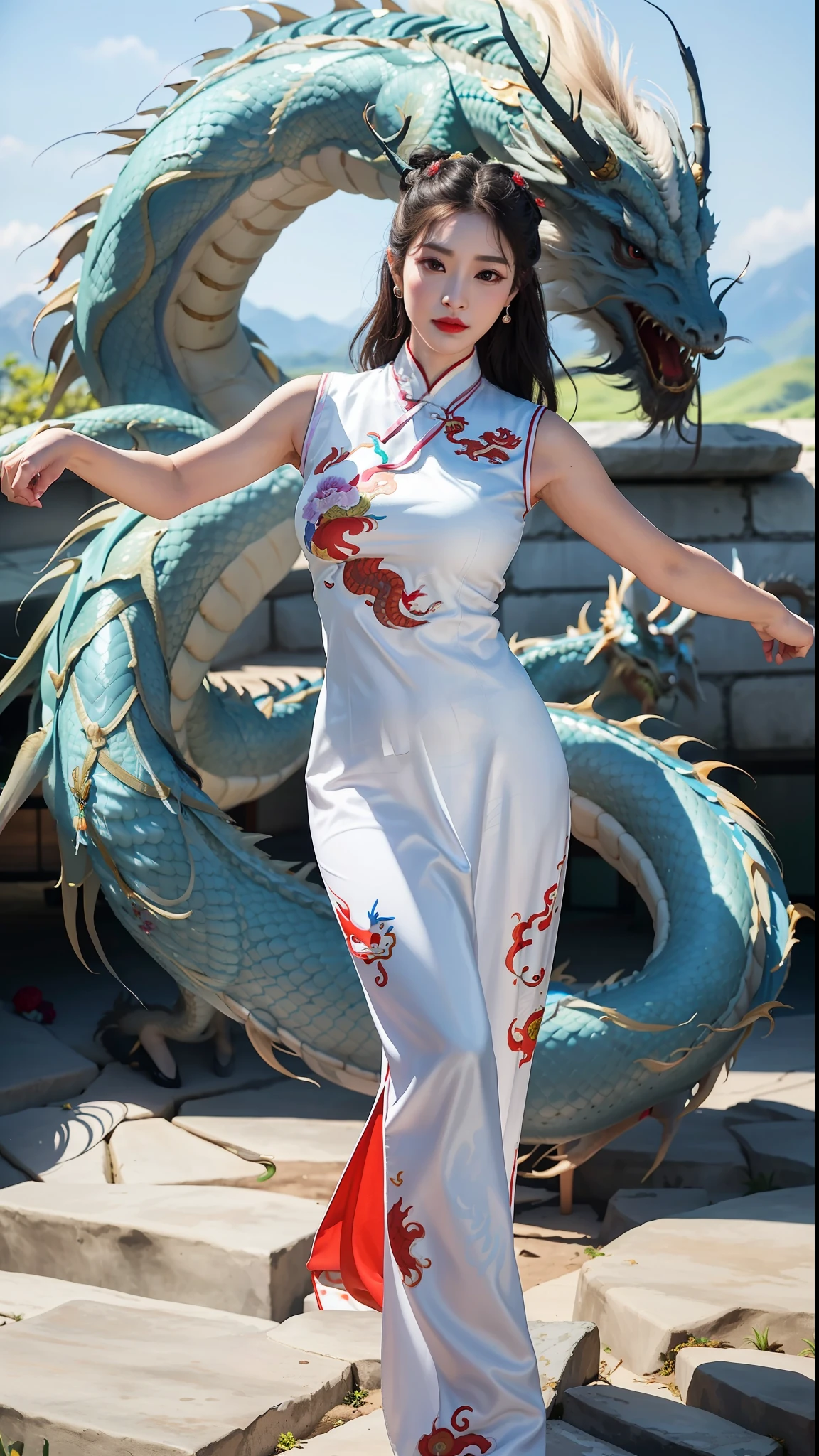 (best quality:1.2),(masterpiece:1.2), film grain,(realistic:1.4), photolistic,
1 female, mature female, full body,(1 china dragon in the sky:1.2),
diligent,red cheongsam with Embroidered Flowers, Superwoman, Tall, Athletic, Triangular Face,black Hair,s, Wide Nose, Full Lips, Receding Chin, Long Hair, Curly Hair, Top Knot, round breasts, Huggie earrings, violet matte lipstick, cui yifei, arms crossed, standing,
