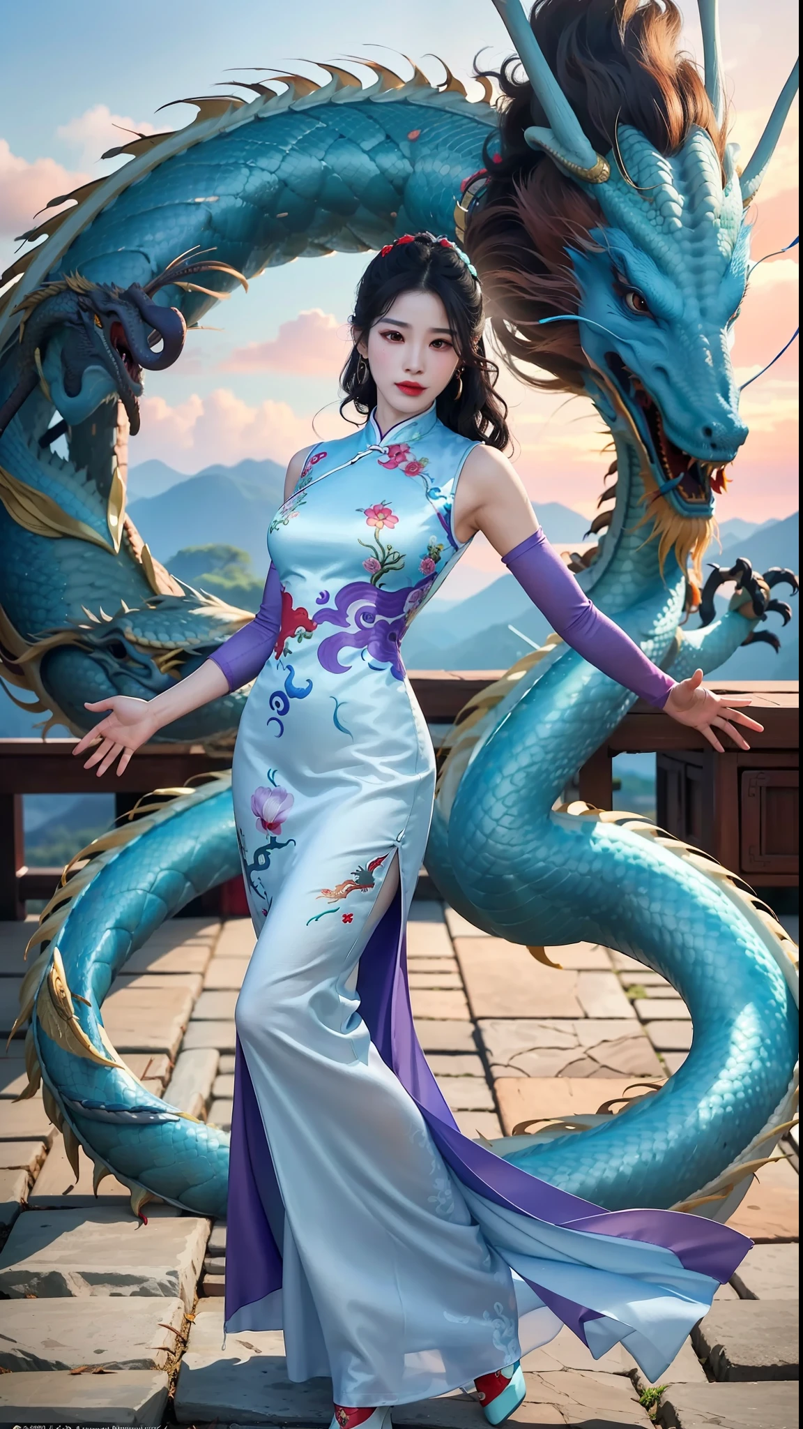 (best quality:1.2),(masterpiece:1.2), film grain,(realistic:1.4), photolistic,
1 female, mature female, full body,(1 china dragon in the sky:1.2),
diligent,red cheongsam with Embroidered Flowers, Superwoman, Tall, Athletic, Triangular Face,black Hair,s, Wide Nose, Full Lips, Receding Chin, Long Hair, Curly Hair, Top Knot, round breasts, Huggie earrings, violet matte lipstick, cui yifei, arms crossed, standing,