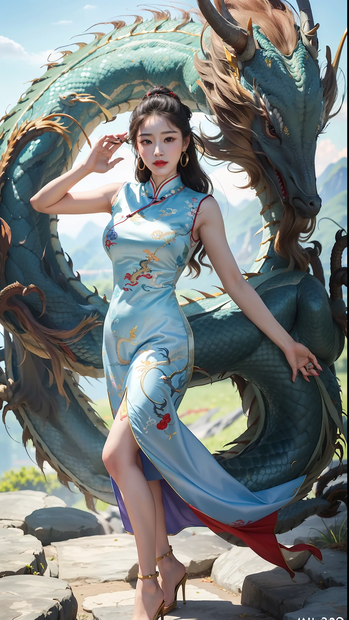 (best quality:1.2),(masterpiece:1.2), film grain,(realistic:1.4), photolistic,
1 female, mature female, full body,(1 china dragon in the sky:1.2),
diligent,red cheongsam with Embroidered Flowers, Superwoman, Tall, Athletic, Triangular Face,black Hair,s, Wide Nose, Full Lips, Receding Chin, Long Hair, Curly Hair, Top Knot, round breasts, Huggie earrings, violet matte lipstick, cui yifei, arms crossed, standing,
