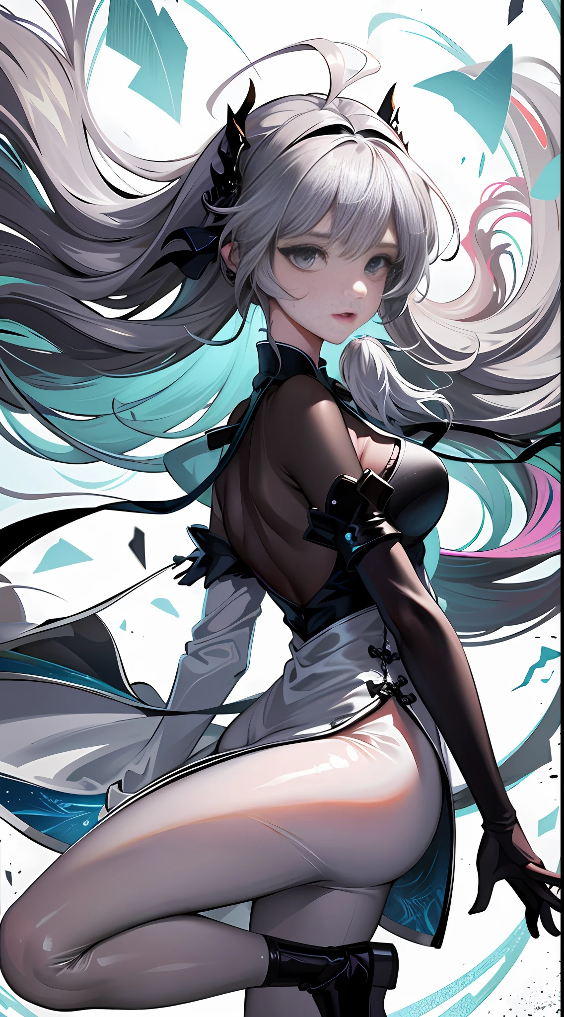 (1girl), overexposed, (wet clothes), solo, ultra-detailed, illustration, full body, detail accessories, (best quality), ((masterpiece)), (very detailed 4k cg), very detailed wallpaper, (very delicate and beautiful), arknights_mint, long hair, gray hair, blue eyes, black ribbon, catwoman, headband, ribbon, bangs, ahoge, {(((China_dress)))}, Highleg, thick thighs, white leggings, arms behind the back,