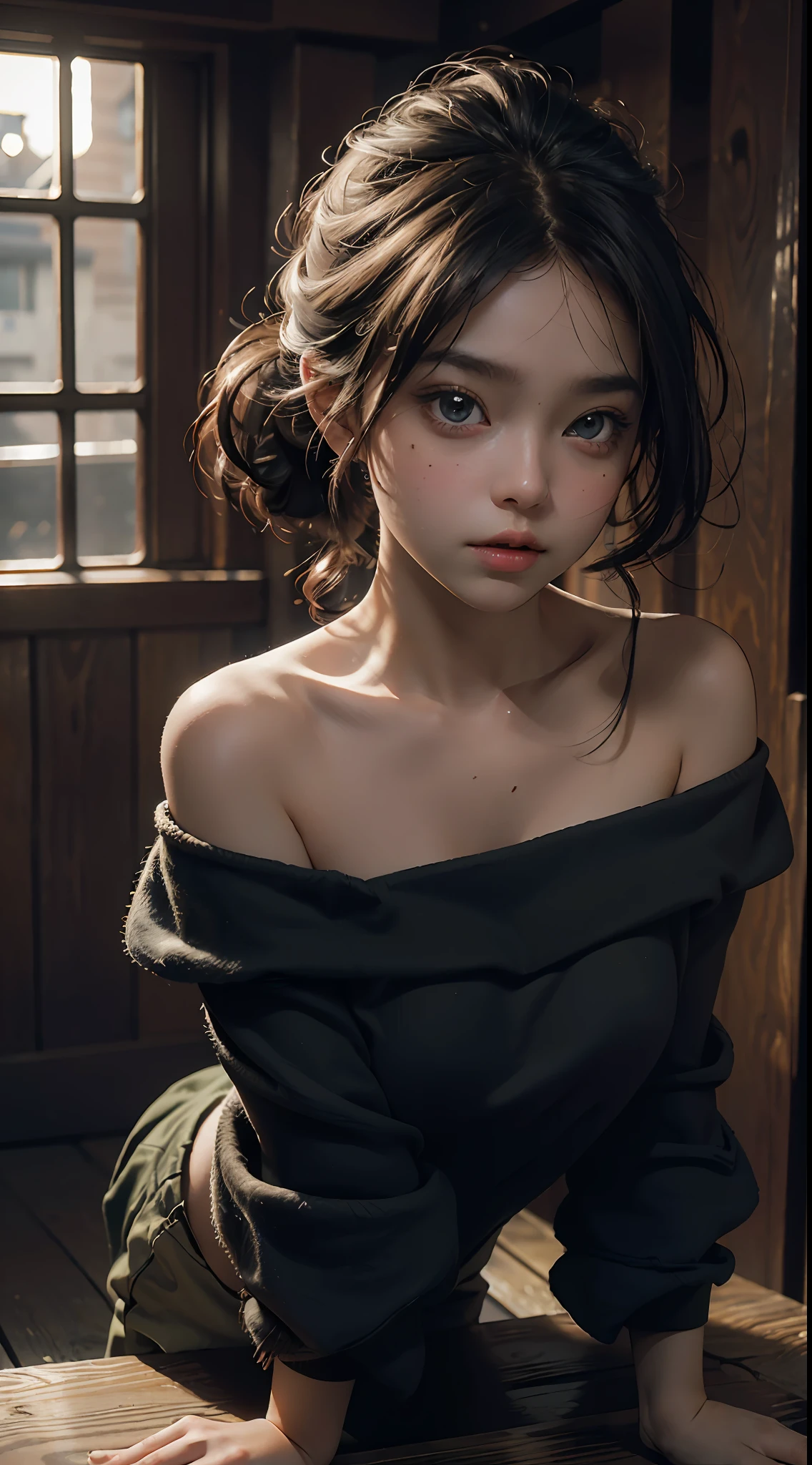 Best quality, masterpiece, ultra high res, (photorealistic:1.4), raw photo, 1girl, off shoulder, cinematic lighting, crawling, school, js, elementary school, big eyes