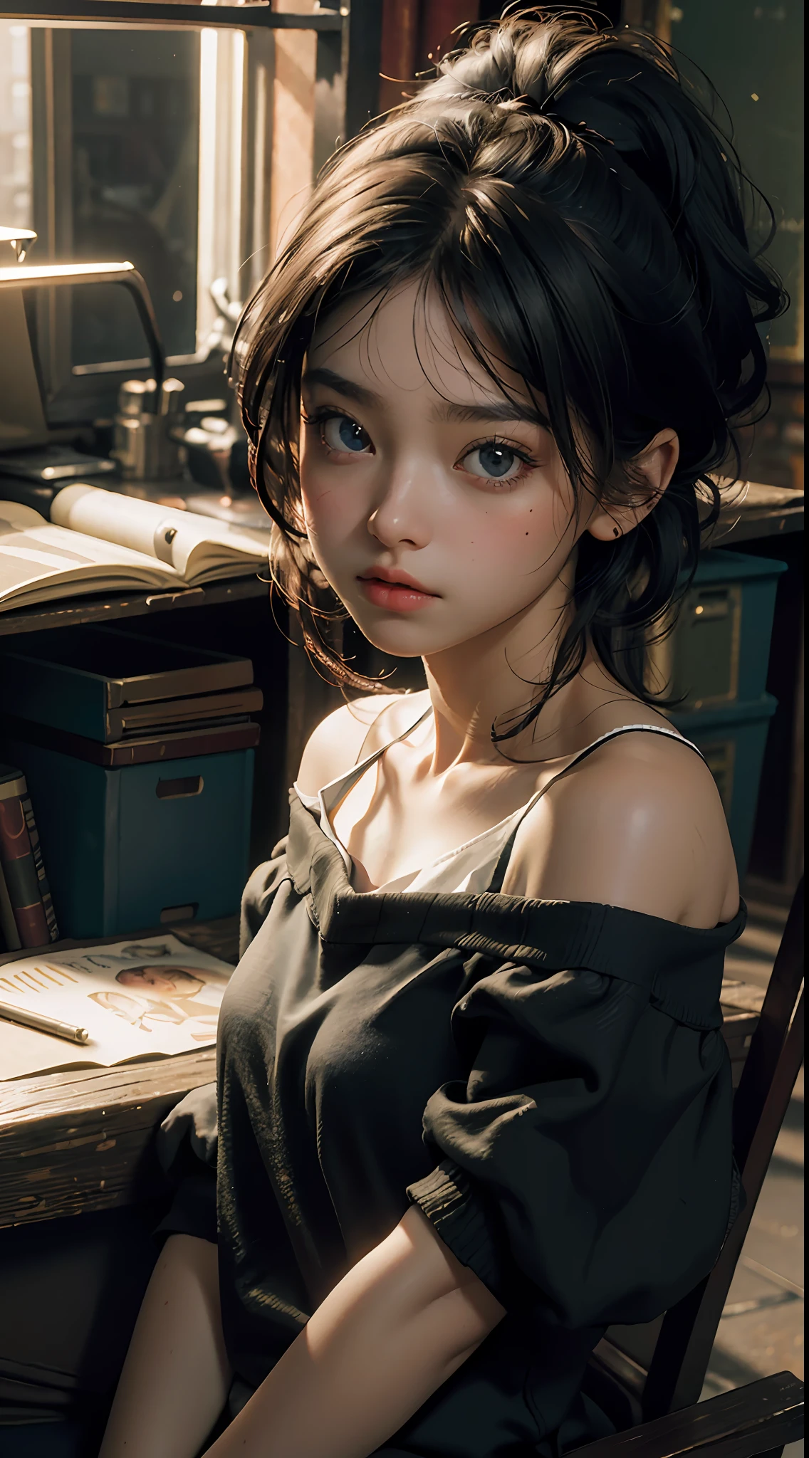 Best quality, masterpiece, ultra high res, (photorealistic:1.4), raw photo, 1girl, off shoulder, cinematic lighting, crawling, school, js, , big eyes