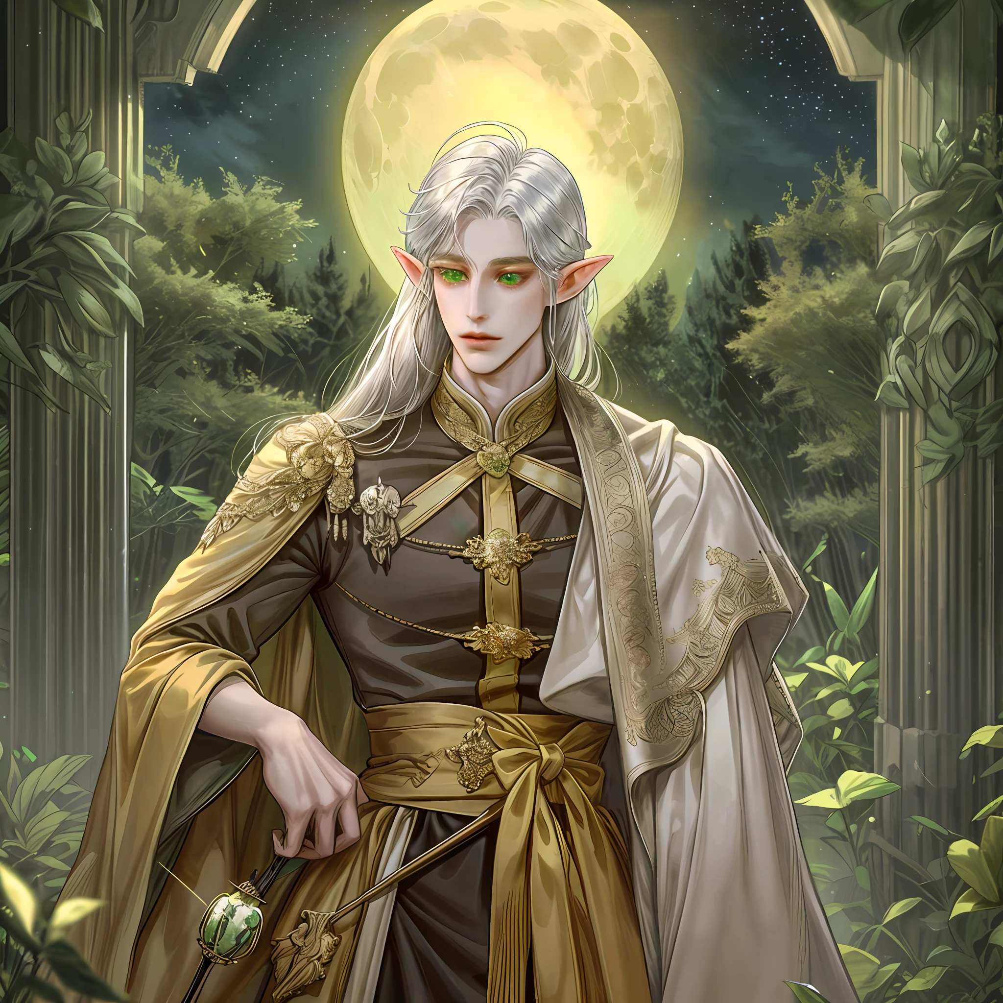 1 man, gorgeous looking, slender body, honey-colored skin, elf ears, silver hair, light green eyes, long straight hair, archery gesture, background detail, bow holder, dense forest, fantasy, night light, moon, owl,