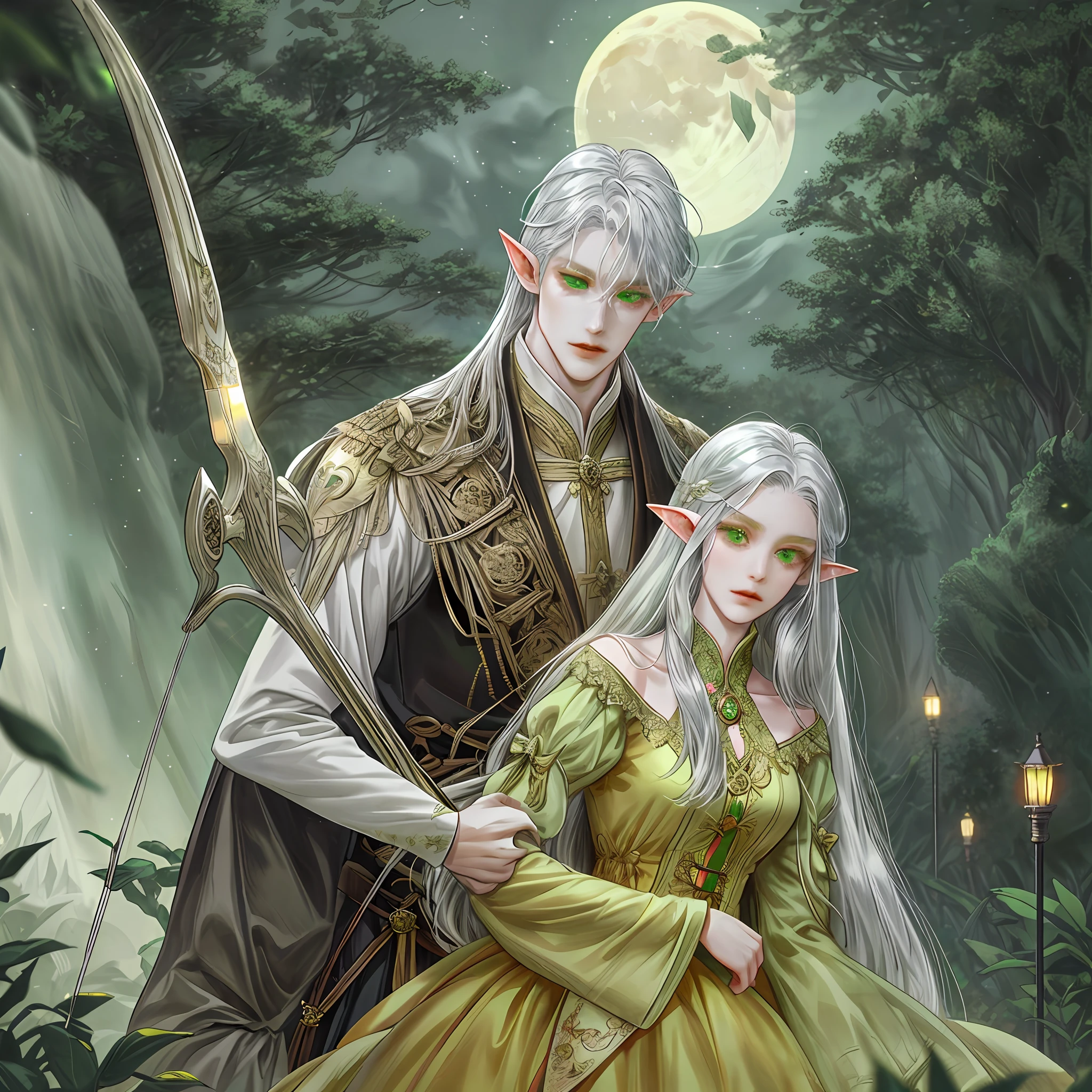 1 man, gorgeous looking, slender body, honey-colored skin, elf ears, silver hair, light green eyes, long straight hair, archery gesture, background detail, bow holder, dense forest, fantasy, night light, moon, owl,