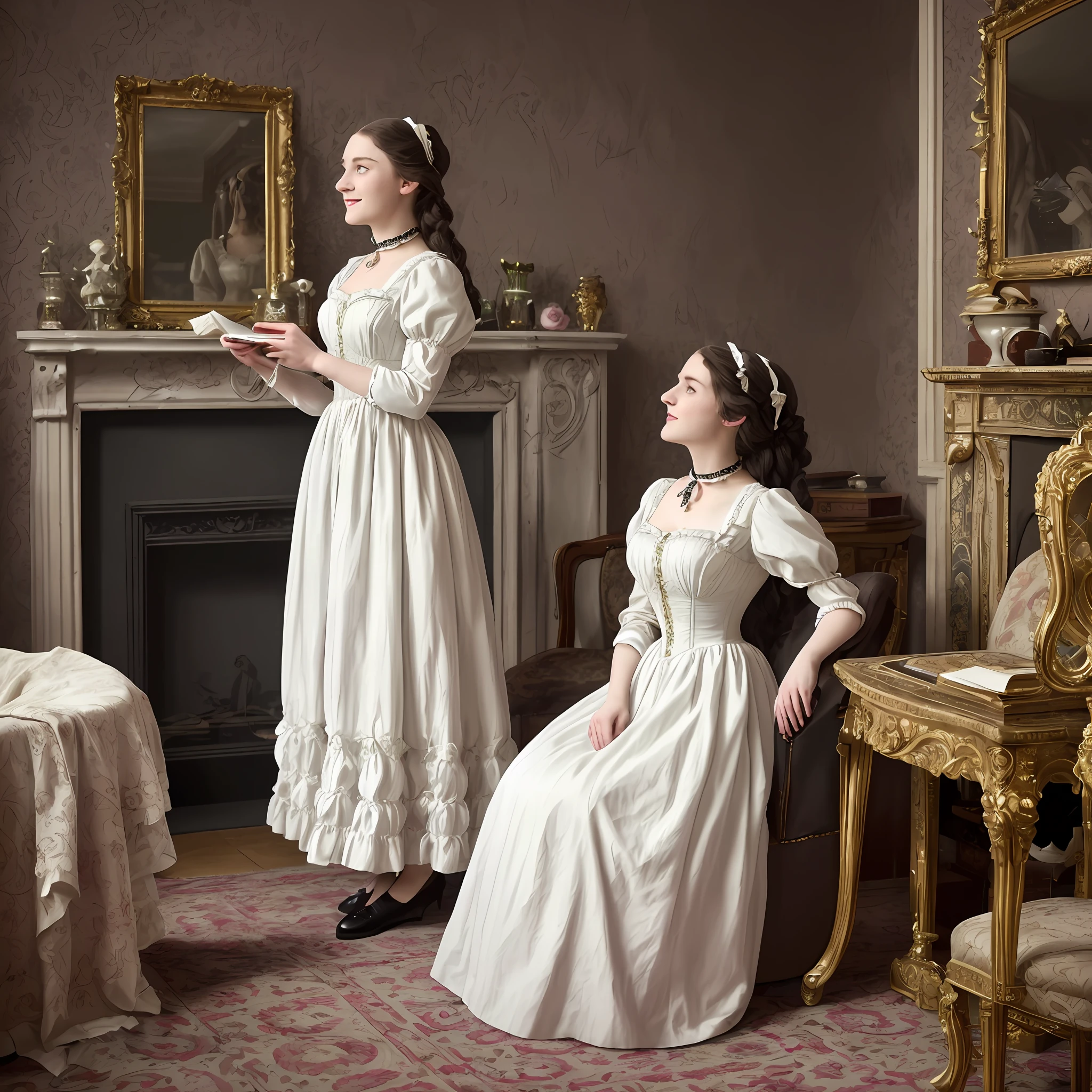 amazingly beautiful Englishwoman,
mature, 22 years old, at her best age, in front of the camera ((standing)), relax,
a girl is laughing and playing,
noble lady,
Victorian hairstyle, 19th century hairstyle, loop hair,
Blown hair, blue eyes, pale white skin
19th century, Belle Époque, Victorian
Olympia, Grand Odalisque, Ophelia,
Les Misérables, Cosette, historical films,
white stockings, white gloves, Victorian long dress, black leather shoes,
upper body close-up,
Realistic face, visible veins, moles, arm downy hair
Realistic figure, healthy body, accurate anatomy
(Nice to meet you), (Bright), (Digital Color), (Nikon), (α7), (Color photo), (Color photo), (Portrait photo), (Ultra HD: 1.2), (Photorealism: 1.4), (8K, RAW photo: 1.2), (Soft Focus: 1.4), (Sharp Focus: 1.4), Beautiful face with attention to detail, Pure Rose face_V1, antiques, rosy cheeks,
(Victorian Dress: 1.2) and Wearing Choker and Hair Ornament with Hose with Hose (Vintage Lingerie: 1.4) with Award-Winning Photo (Victorian Dress: 1.2) (Victorian Dress: 1.2) (Victorian Wallpaper: 1.2) (Victorian Wallpaper: 1.2) (Victorian Wallpapers :1.2) (Victorian furniture:1.2) (Victorian carpet:1.2) (Rich: 1.4), erotic, sensual,