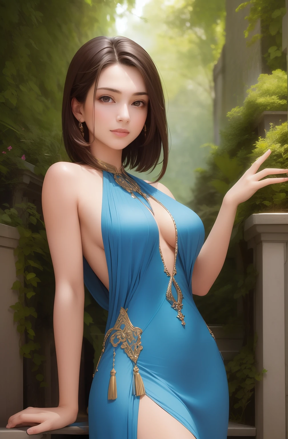 ((Realistic lighting, Best quality, 8K, Masterpiece: 1.3)), Clear focus: 1.2, 1girl, Perfect body beauty: 1.4, Slim abs: 1.1, ((dark brown hair, Big breasts: 1.3)), (Aqua dress: 1.4), (Outdoor, night: 1.1), City streets, Super fine face, fine eyes, double eyelids, exposed cleavage