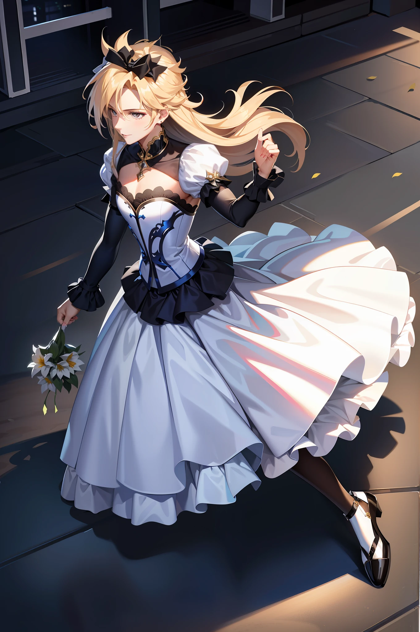 Masterpiece, best quality, cloud clash, drag dressing, long hair, male focus, pure white bridal dress, hair bow, smile, stunning face, looking at the audience, white stockings, flowers in hand, pseudonym