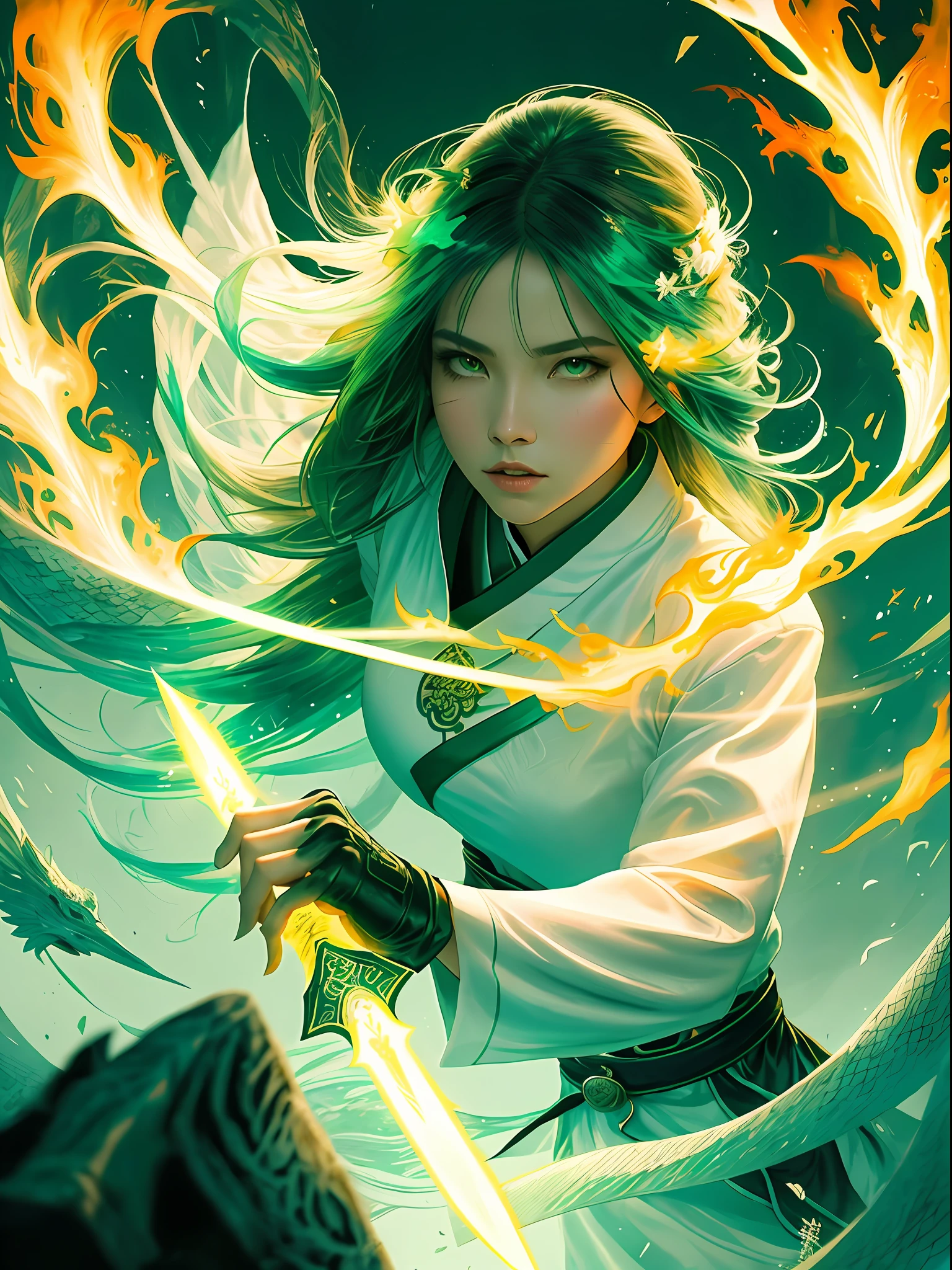Flowing ink painting style, Snake Clan Girl, ultra-clear face close-up,  Magnificent epic scene, clear eyebrows and eyes, phoenix  eye, flying hair, fair skin, Dark green emerald, wearing white clothes, POV view, flowing sleeves, Fluorescent green, dynamic fire in background, blank-leaving, huge Chineseblade attacking the viewer
