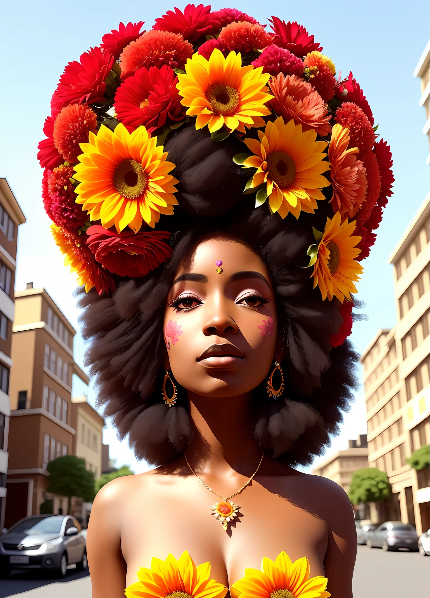 araffe with a flowered headpiece walks down a street, afro made of flowers, afro, 🌺 cgsociety, flower goddess, long afro hair, big afro, giant red flower afro, back view. nuri iyem, flower child, epic 3 d oshun, curvaceous. detailed expression, the girl made out of flowers, with afro