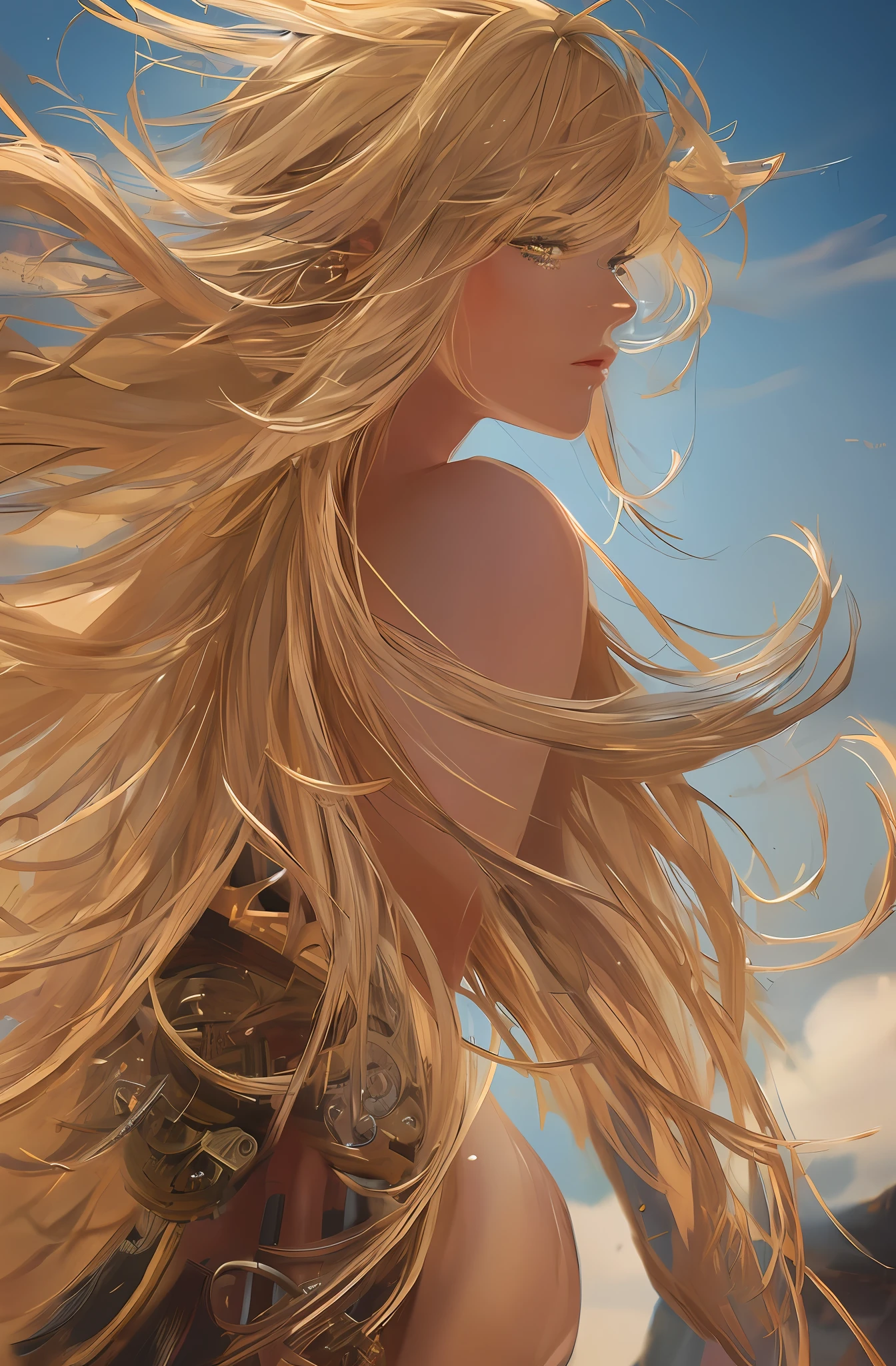 best quality, masterpiece, upper body,
woman,
windblown blonde hair,
sparkling eyes,
steampunk nude
windy,