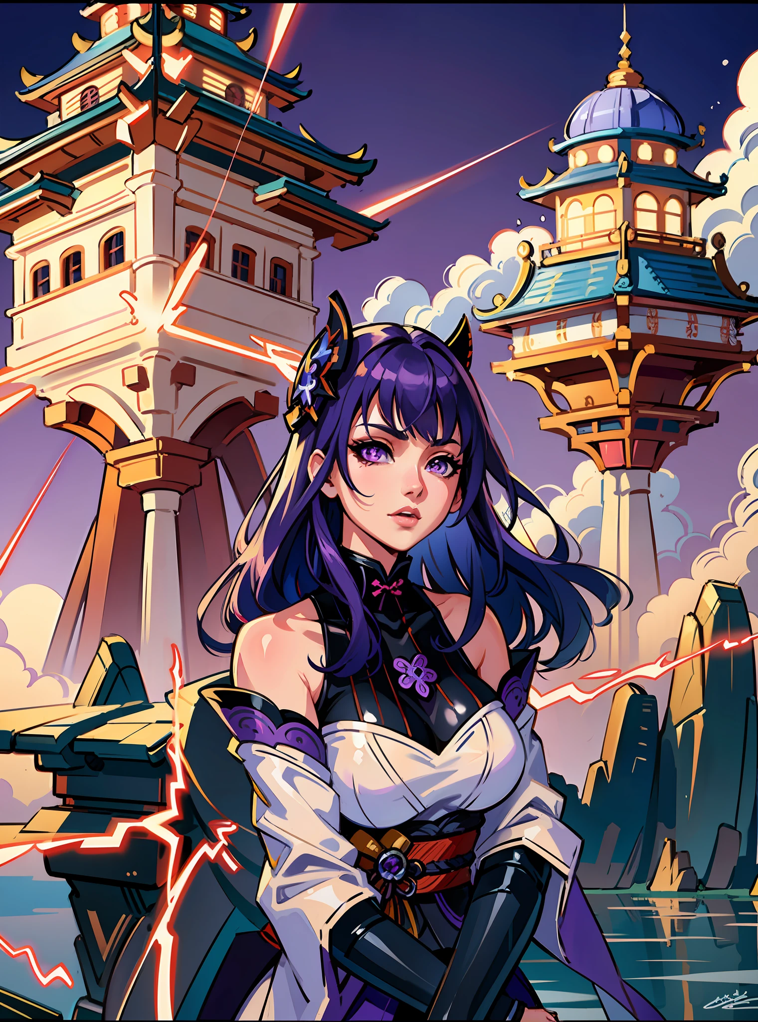 (masterpiece),(best quality:1.0), (ultra highres:1.0), detailed illustration, 8k, anime, 1girl, beautiful anime girl, Girl, Raiden Shogun, Purple eyes, detailed eyes, purple hair, detailed hair, anime feel, detailed, anime style, best quality, lightning back ground, godly background, floating object, masterpiece, highly detailed, purple, purple thunder