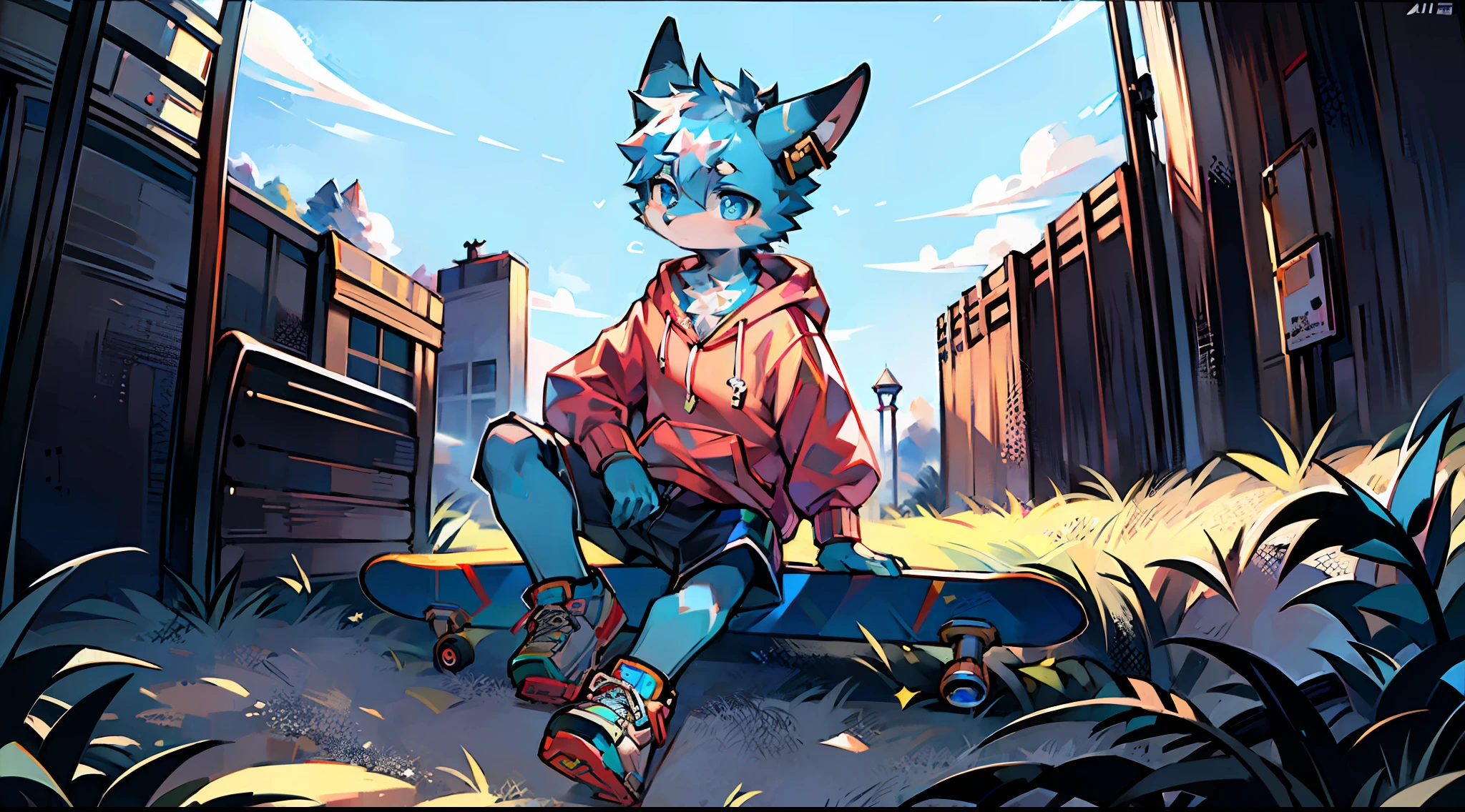 Single, (Furry: 1.2), (Shota, Cute: 1.2), (Dragon, Blue Pupils: 1.3), (Pink Triangle Scarf: 1.2), (Hoodie: 1.1), (Shorts: 1.1), (Sneakers: 1.1), (Skateboard: 1.3), (Open Field: 1.3), (Roadside: 1.2), (Headphones Can be Hung Around the Neck: 1.1), {Best Quality}, {{Masterpiece}}, {High Resolution}, Original, Extremely Detailed 8K Wallpaper, {Extremely Delicate and Beautiful }, original painting