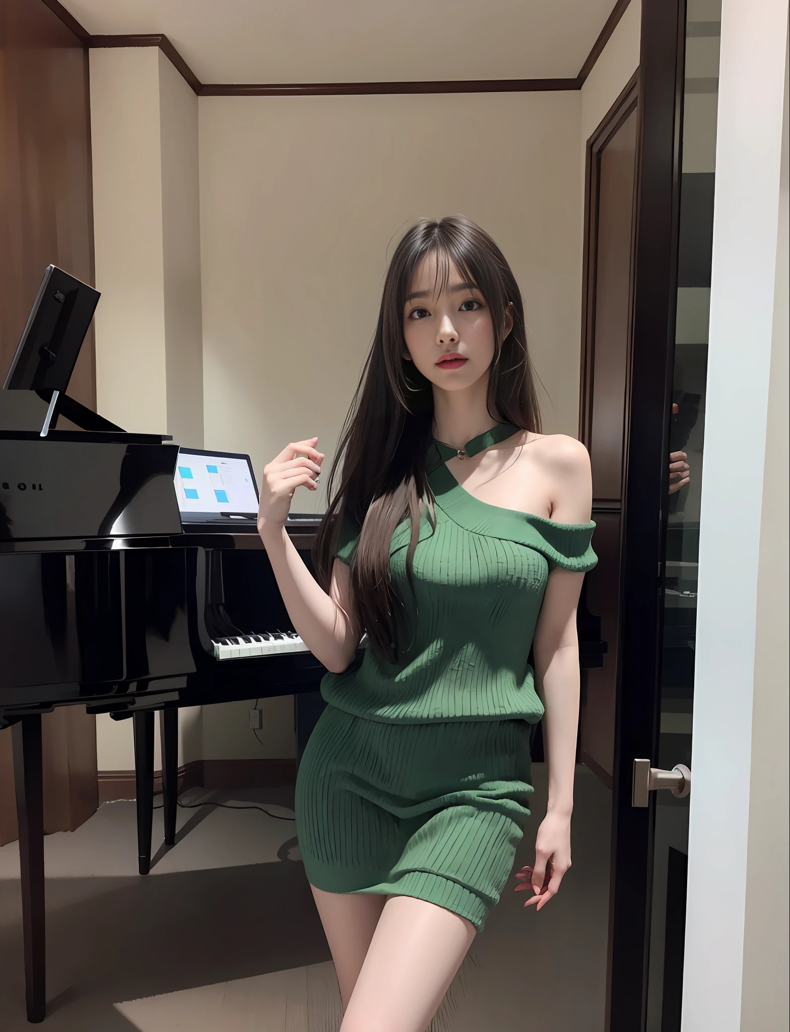 young girl, long hair realistic, vivid image, masterpiece, (best quality: 1.2), hyper detail, realistic, hd, high quality, cinematic light, ray tracing, ultra high resolution, uhd, (ultra lifelike: 1.5,), complex detail, detailed texture, fine detail, high quality shadows, beautiful skirt, full body, standing, panties walking, sexy pose, seductive pose, thin hips, long legs, small chest.