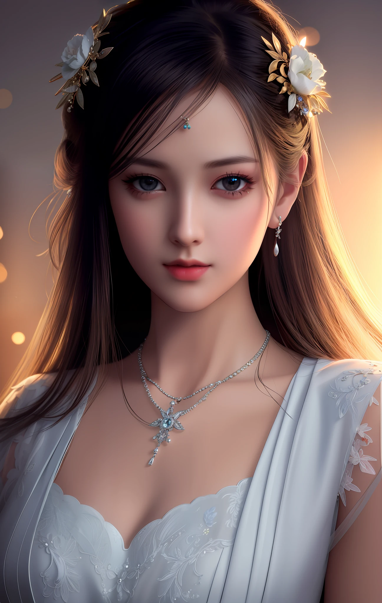 Top quality, masterpiece, high resolution, girl single, porcelain dress, hair accessories, necklace, jewelry, beautiful face, physical, tyndall effect, realistic, dark studio, rim lighting, duotone lighting, (high detail skin: 1.2), 8k uhd, DSLR, soft light, high quality, volumetric light, sneak shot, photo, high resolution, 4K, 8K, Bokeh