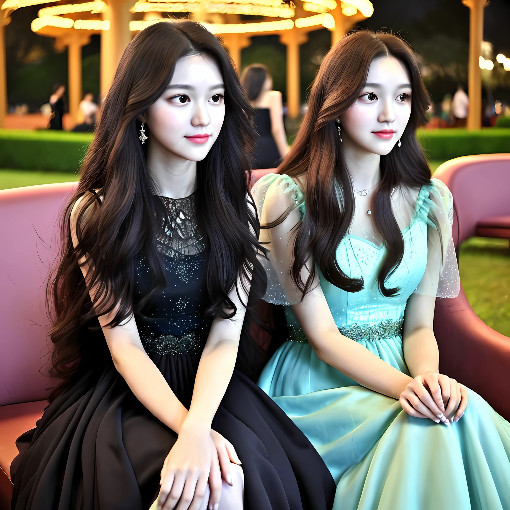 A superb exquisite real beautiful girl, black long curly hair extremely exquisite facial features, peerless beautiful girl, a serious face, soft, dreamy quality, wearing a princess dress, exaggerated facial features, pure color, surreal, beautiful young girl, cute and lively, sitting in the park pavilion at night, stars, full body photos