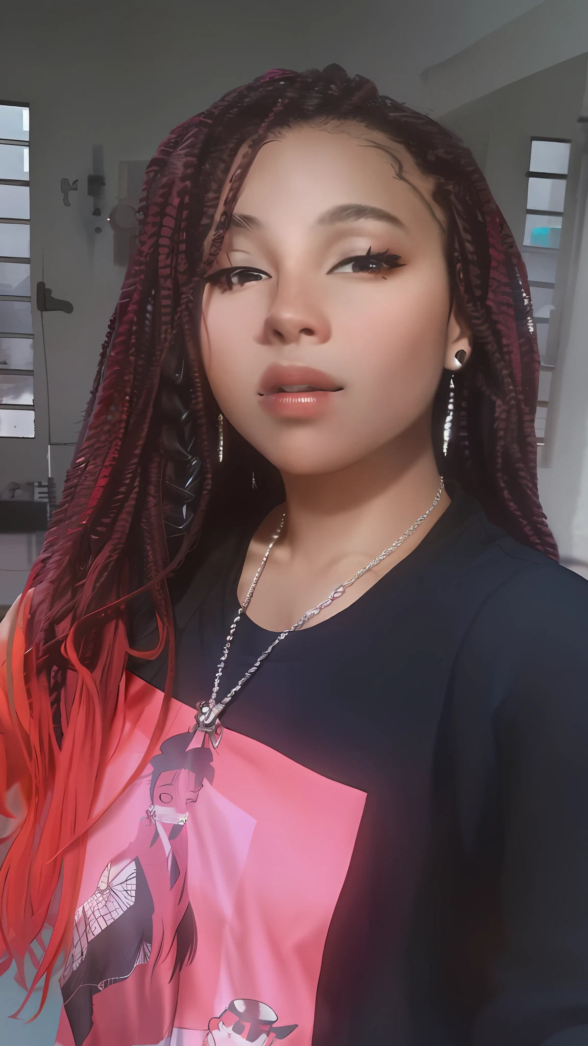 A closeup of a woman with red dreadlocks and a black shirt, young face, 20 years old, good quality, great detail