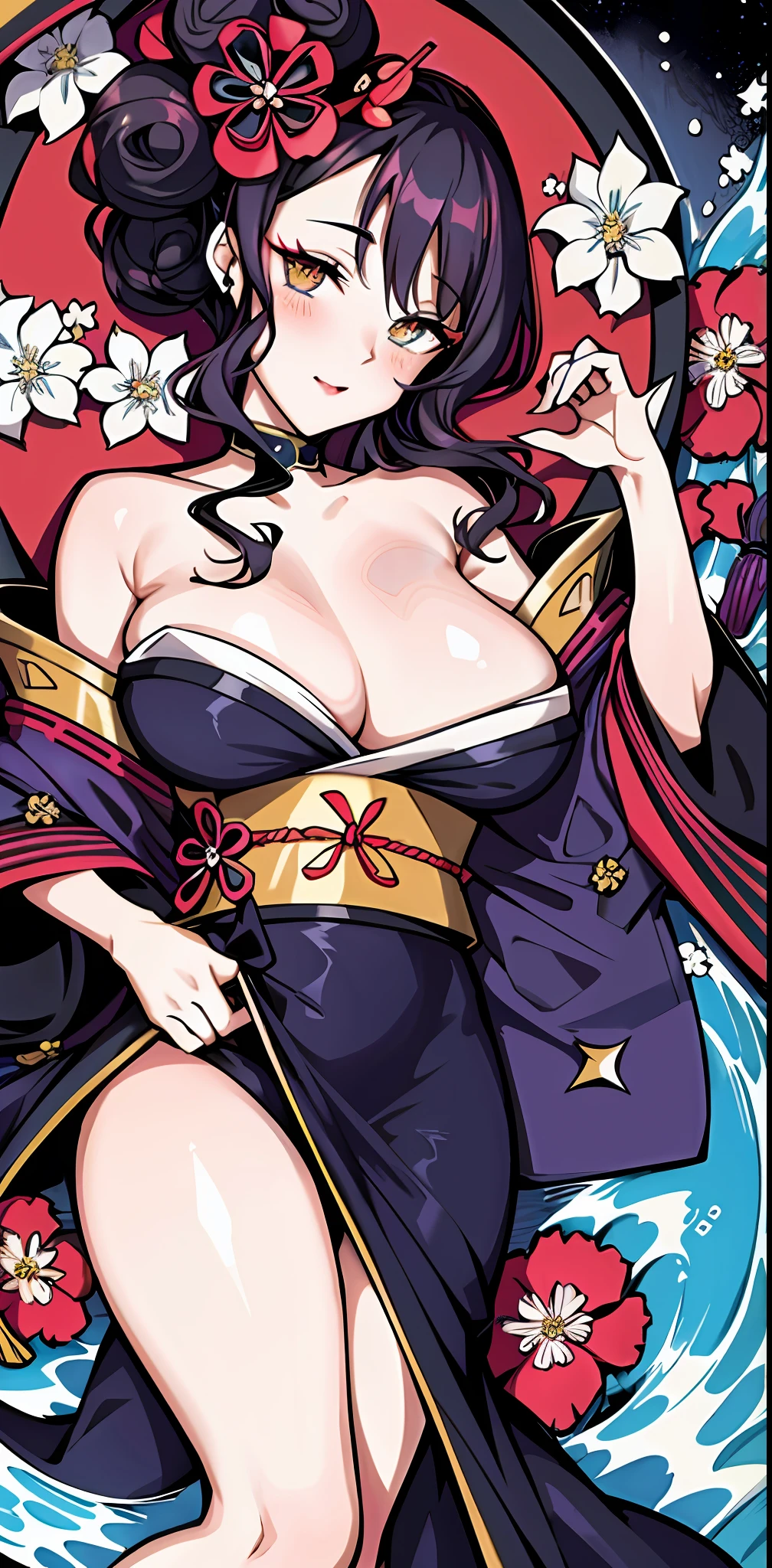 masterpiece Best quality: 1.3), (thick lines), (imitation traditional media), high resolution, official art, best illustration, (8k resolution), oiran, 1girl, mature women, solo, japanese costume, from above, breasts, straps, funky, intricate, dreamy, fairy tales, fantasy art, (detailed face), lying on a flower bed, lying on your back (cute eyes, looking at the audience, applying lipstick), very long hair, fluffy, low ponytail, deep field, silhouette, perfect, makeup, cute, (details: 1.2), camellia, various colors, vivid, colorful, shiny, sky, stars , lumen global illumination, (Katsushika Hokusai style background: 1.3), water, ripples
