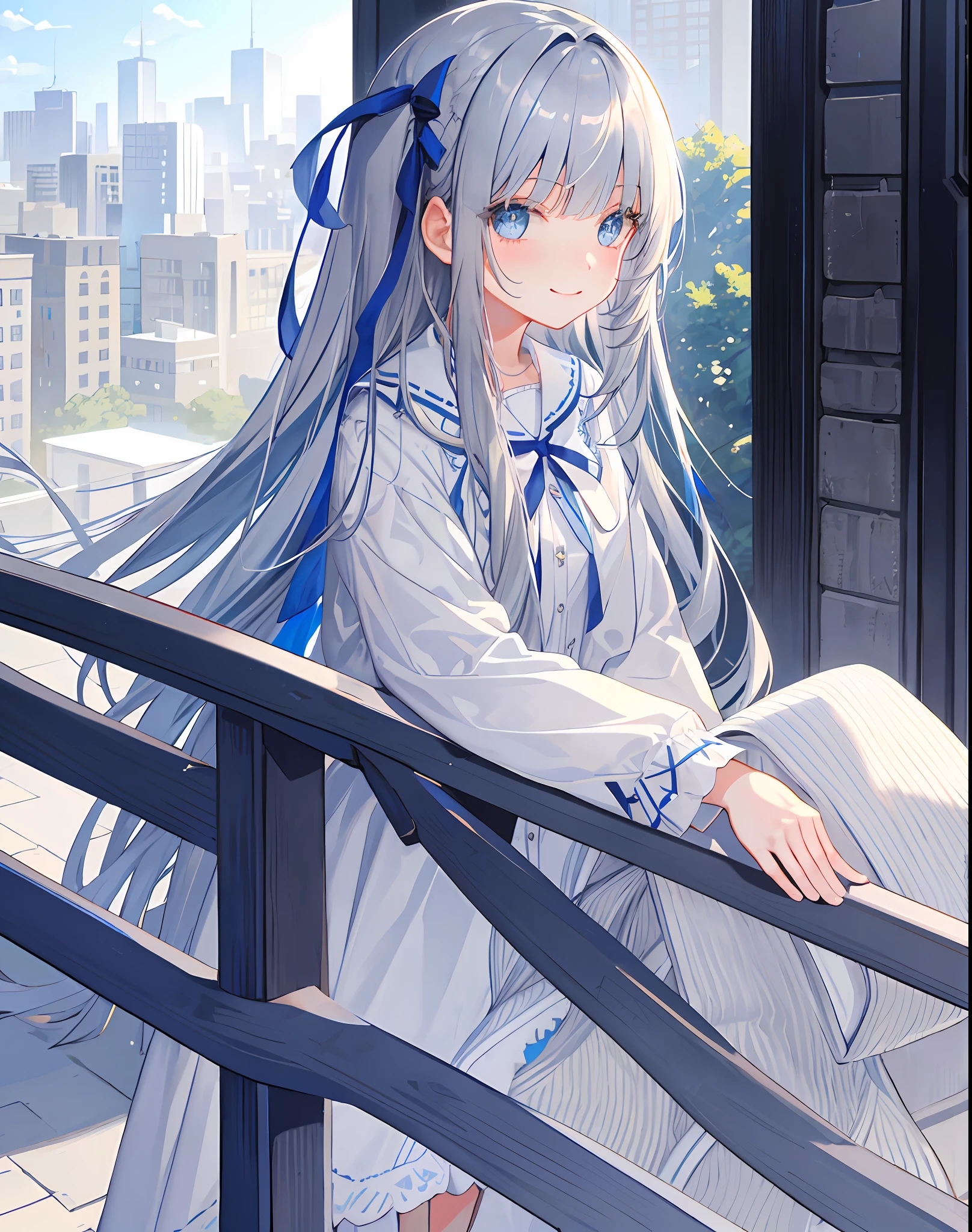 masterpiece, city, blue sky, gray hair, long hair, blunt bangs bangs, long eyelashes, blue eyes, scapulario, smile, ribbon in hair, gentle expression