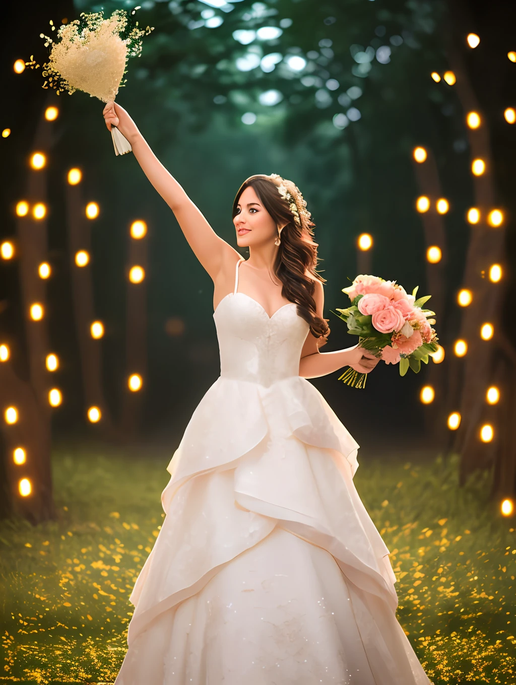 (Masterpiece) A photorealistc portraif of a stunningly beautiful and extremely happy woman dressed as a bride, throwing her bouquet of flowers up to the air, standing on a field of fireflies, mirrors, photograph, wonder, amazement, night, cinematic lighting, empty wonder, amazement, cinematic, 8k, evening, --no back view, empty, stock photo, movie still, cinematic lighting. photograph photograph, in the style of Martin Schoeller, detailed symmetric realistic face, extremely detailed natural texture, peach fuzz, long hair, masterpiece, absurdres, nikon d850 film stock photograph, kodak portra 400 camera f1.6 lens, extremely detailed, amazing, fine detail, rich colors, hyper realistic lifelike texture, dramatic lighting, unrealengine, trending on artstation, cinestill 800 tungsten, looking at the viewer, photo realistic, RAW photo, TanvirTamim, high quality, highres, sharp focus, extremely detailed, cinematic lighting, 8k uhd,-imagine-