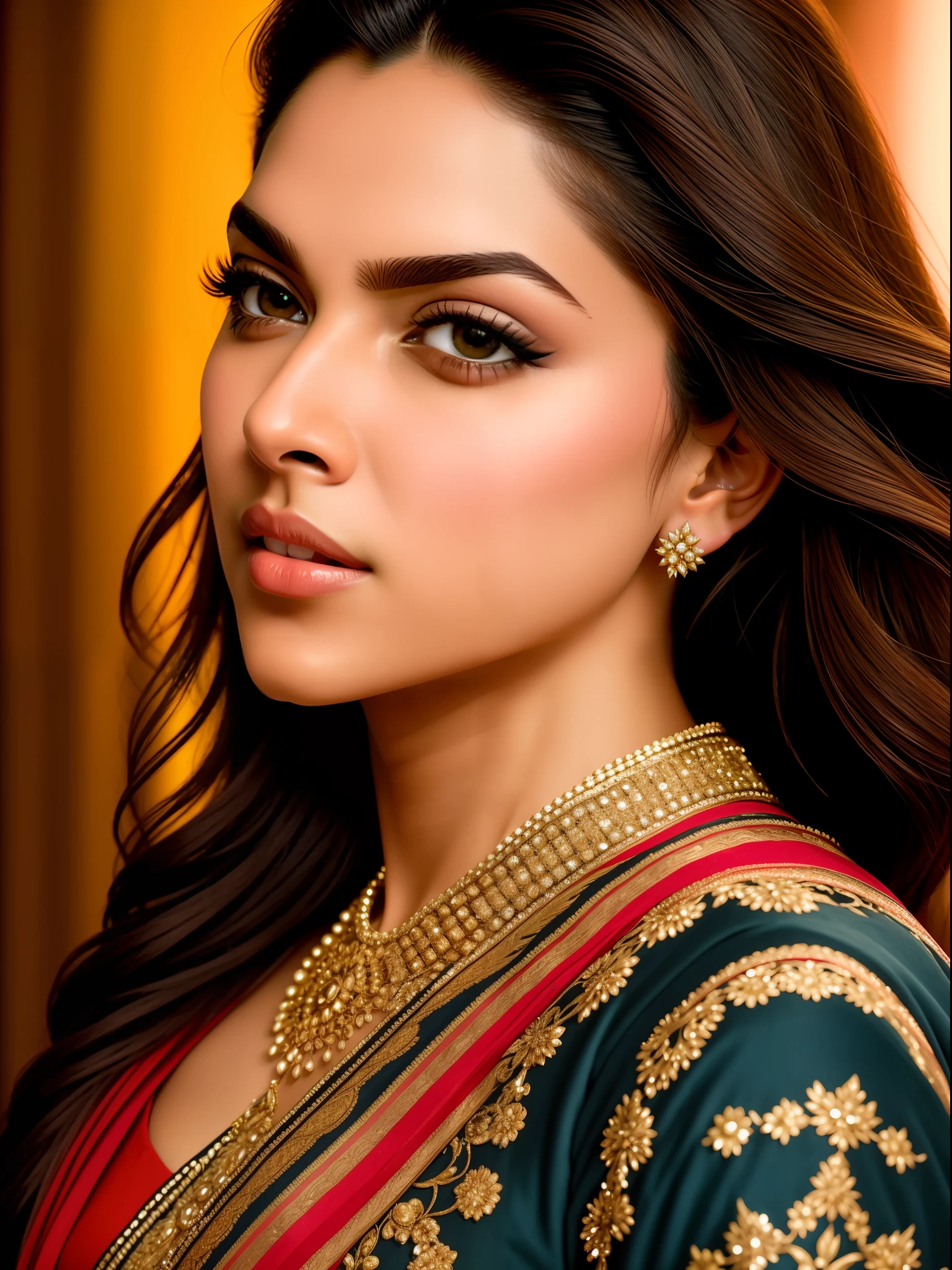 A closeup shot, head, ultra wide angle, in focus, stunning beautiful Deepika Padukone, hdr, best quality, professional photo,