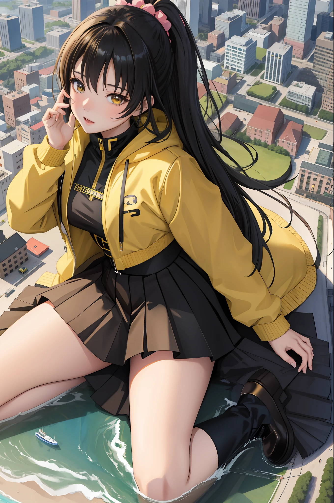 anime girl in a yellow jacket and black skirt sitting on a city, giantess art, smooth anime cg art, highly detailed giantess shot, giantess, seductive anime girl, macro giantess, trending on cgstation, the anime girl is crouching, high detailed official artwork, [ 4 k digital art ]!!, detailed digital anime art, giantess shot