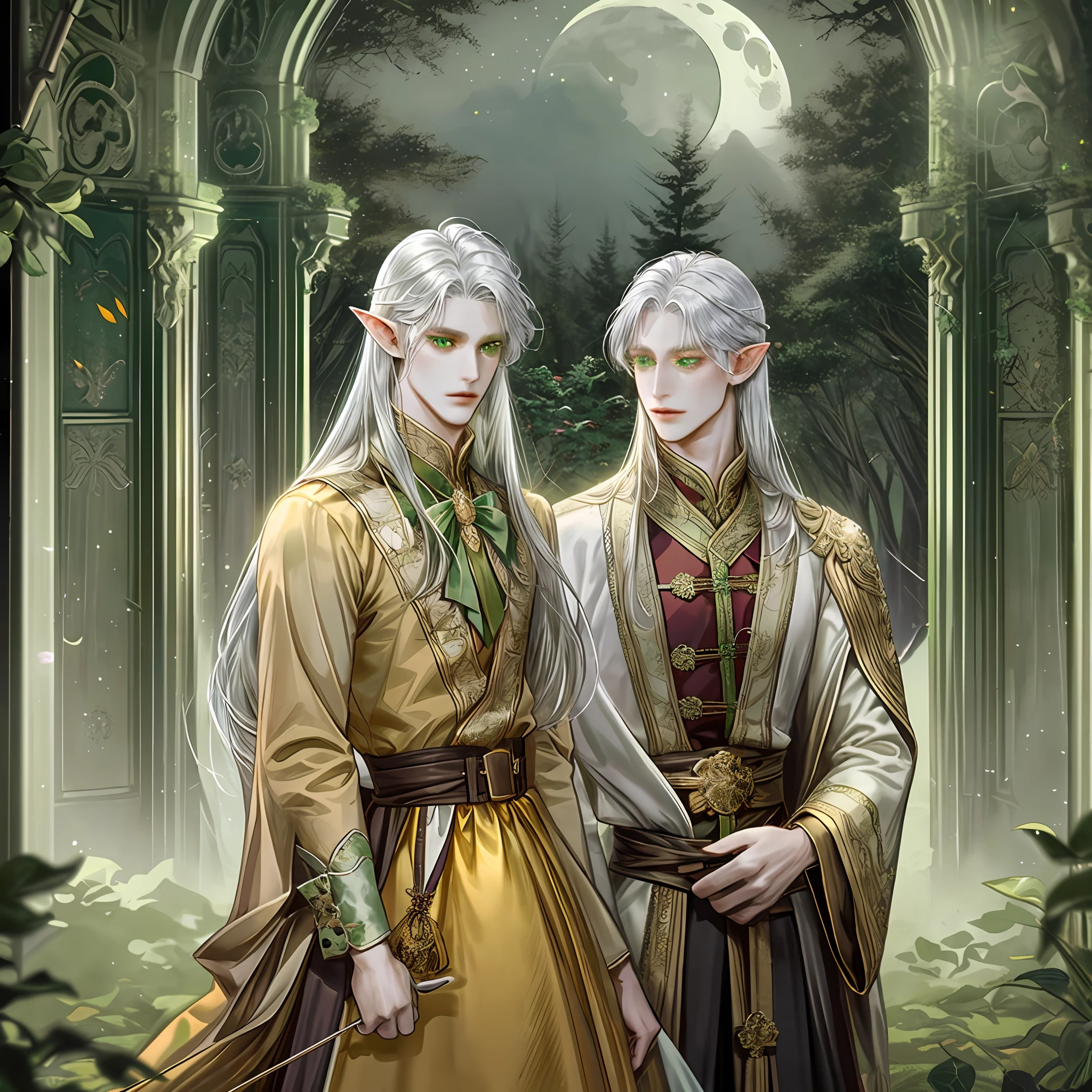 1 man, gorgeous looking, slender body, honey-colored skin, elf ears, silver hair, light green eyes, long straight hair, archery gesture, background detail, bow holder, dense forest, fantasy, night light, moon, owl,