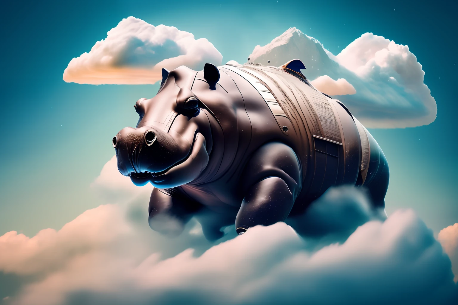 Giant mechanical hippopotamus majestically sails on top of the clouds through the space over the planet, outers pace, dragon, intricate details, aggressive curves, cinematic sports photography, rain, wet, speed, glossy, reflective, bokeh, motion blur, speed, fast, racing, sunset diffused lighting,