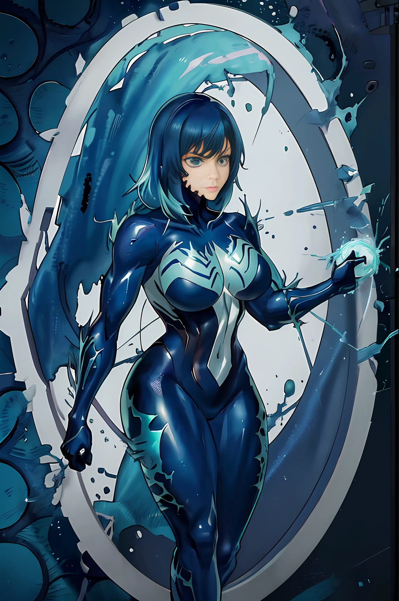 1woman, solo, blue hair, gradient hair, green hair, black suit, venom suit, medium breasts, thighs, venom symbiotie, creeping up neck, spider symbol, venom symbiote suit