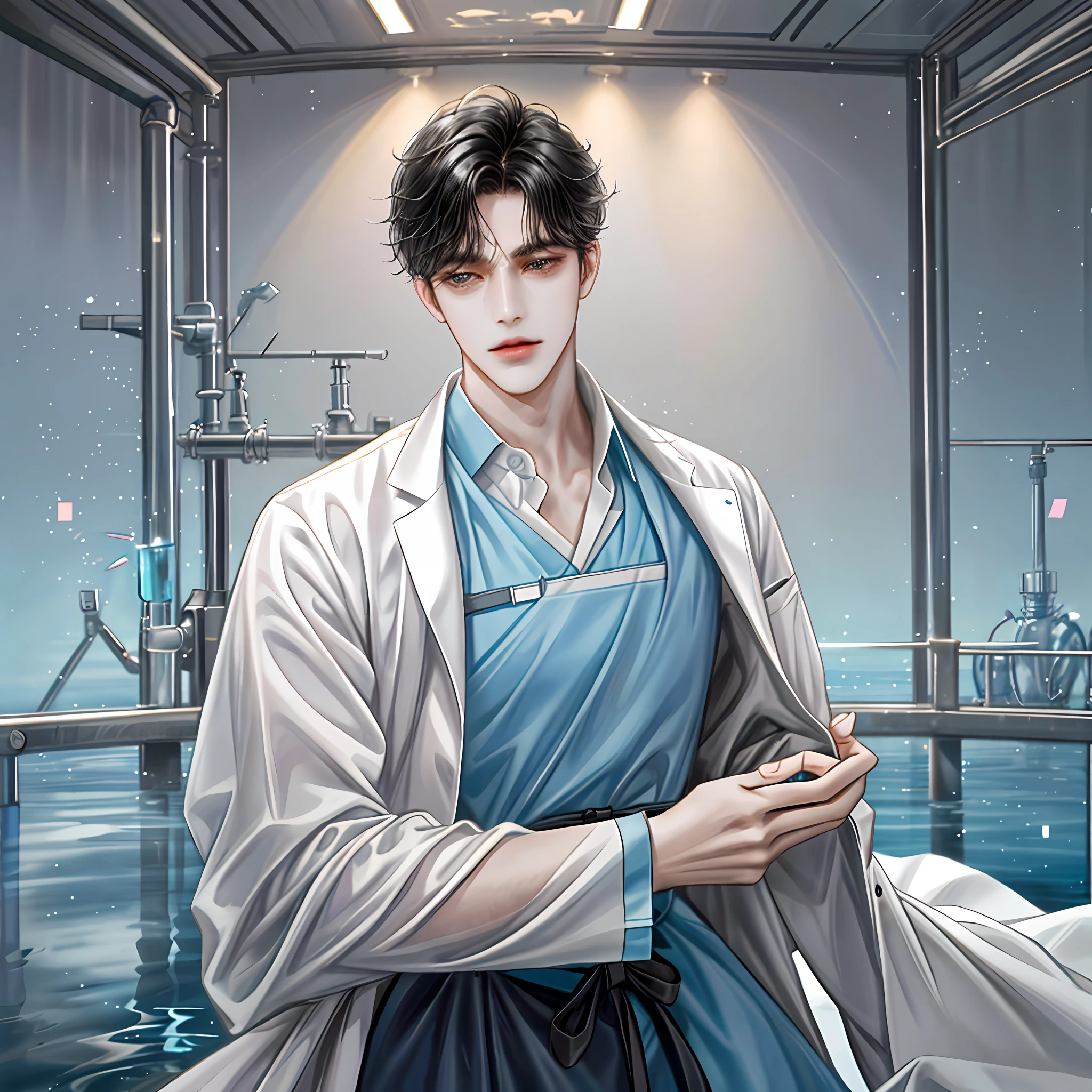 1 person, perfect looking man, handsome, black hair, king, background detail, lab scene, lab, water laboratory, water tank, laboratory, gown, scientist, f