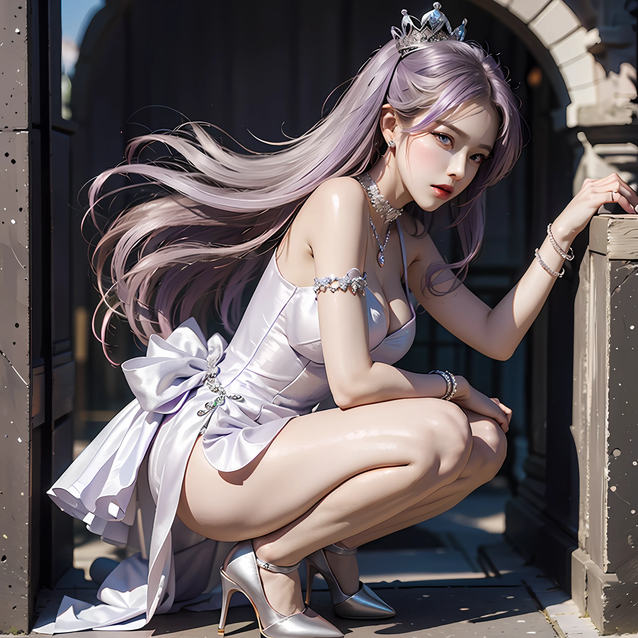 Elegant princess, half squat, jewelry, princess crown, gradient purple light evening dress, thin soled pointed toe heels, stilet heels, big breasts, white skin, 8k,