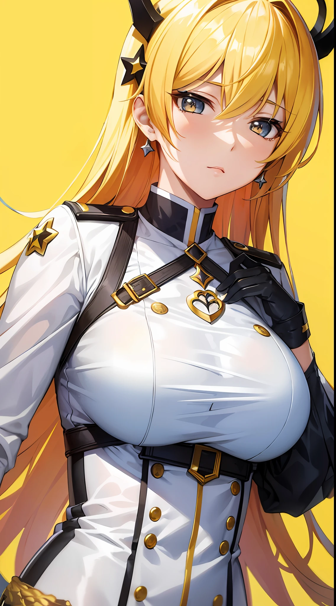 masterpiece, highly best quality, colorful, a woman, (adult uniform), (gal), (emotionless face), yellow hair, high contrast shiny oily skin, medium breasts, sfw , portrait, bianka/Honkai impact 3rd,