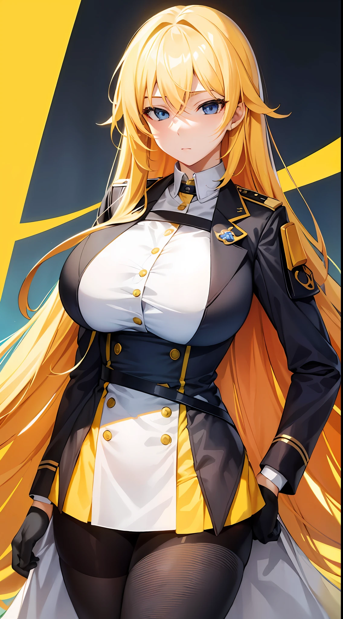 masterpiece, highly best quality, colorful, a woman, (adult uniform), (gal), (emotionless face), yellow hair, high contrast shiny oily skin, huge long breasts, sfw , portrait, bianka/Honkai impact 3rd