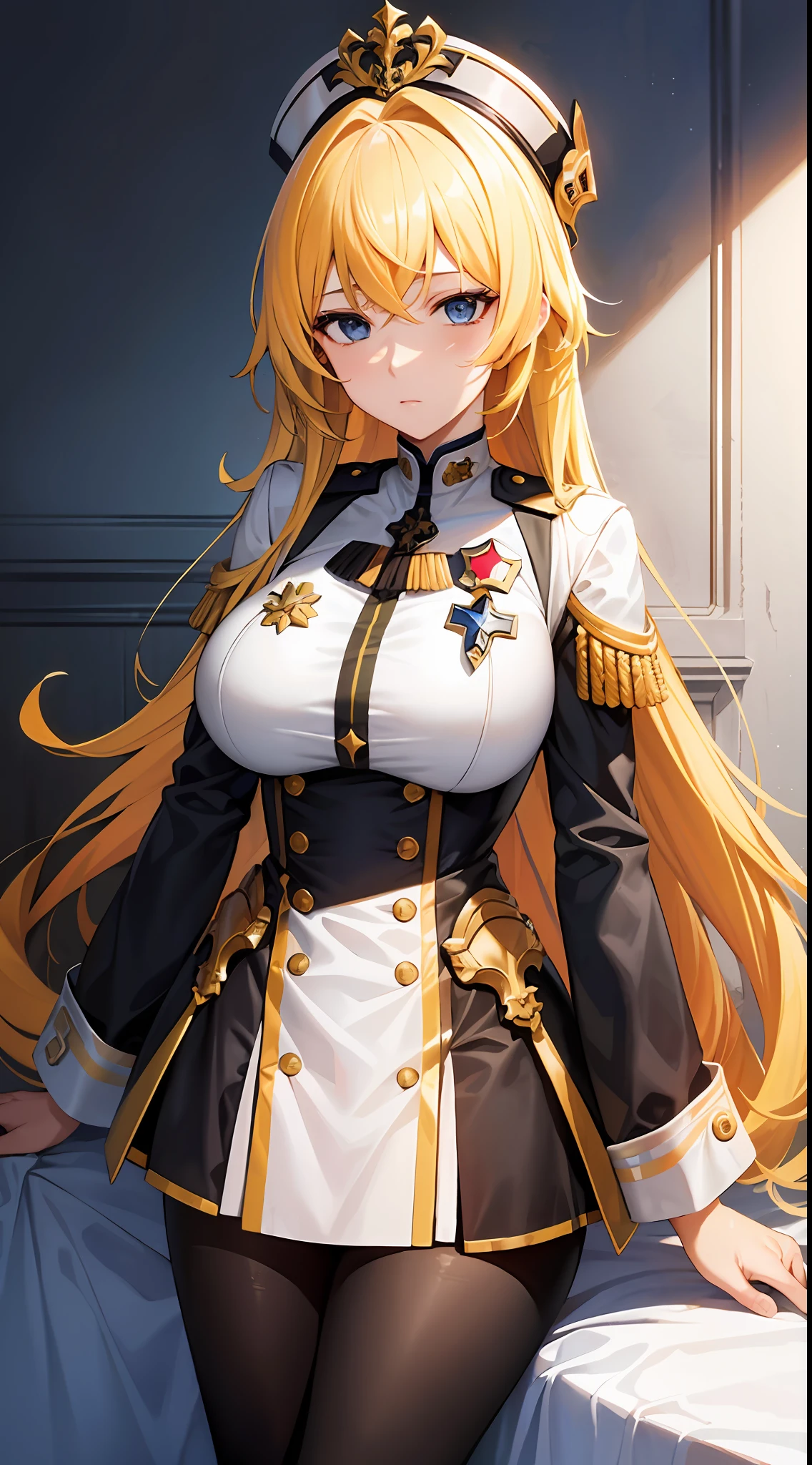 masterpiece, highly best quality, colorful, a woman, (adult uniform), (gal), (emotionless face), yellow hair, high contrast shiny oily skin, medium breasts, sfw , portrait, bianka/Honkai impact 3rd,