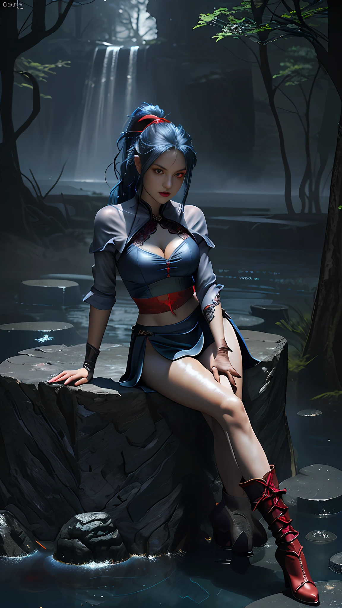 Perfect waist cut, Large breasts, Warrior girl with a scimitar on hand, Skimpy organza clothes ,dark blue hair with red highlights, (perfect nose), Seductive gaze, Boots on high heels (Best Illustration), 8k Resolution, Intricate Details, Best Quality, Realistic, Ultra Detailed, Best Lighting, Best Shadows, Ultra HD, A Necromancer style, Night, Magic, Dark Style, Vampire, (shining red eyes:1.6), masterpiece, high_res, Beautiful face, tyndall effect, photo realistic, (high detailed skin:1.2), 8k uhd, dslr, high quality, Photograph, high resolution, 4k, 8k, Bokeh, absurdres, ponytail contorted, best ratio four finger and one thumb, front view, dark blue hair gorgeous, perfect proportional skinny fitness body, full body view, wet skin, wet clothes, dark cathedral baground scenery, huge bobs, belly muscle, long fit perfect legs