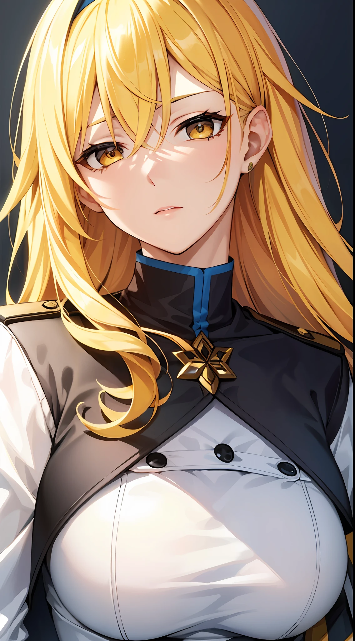 masterpiece, highly best quality, colorful, a woman, (adult uniform), (gal), (emotionless face), yellow hair, high contrast shiny oily skin, medium breasts, sfw , portrait, bianka/Honkai impact 3rd,