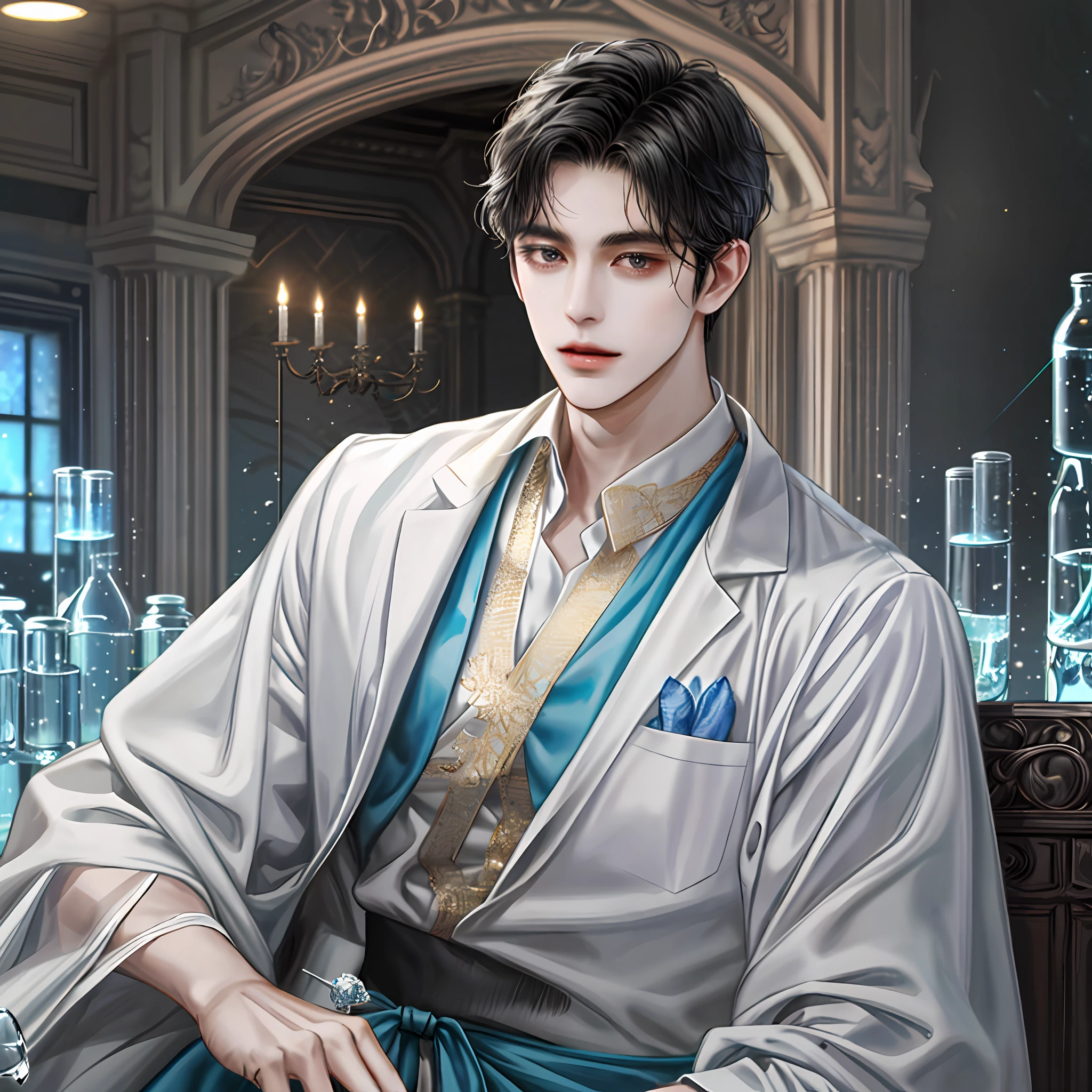 1 person, perfect looking man, handsome, black hair, king, background detail, lab scene, lab, water laboratory, laboratory, gown, scientist, f