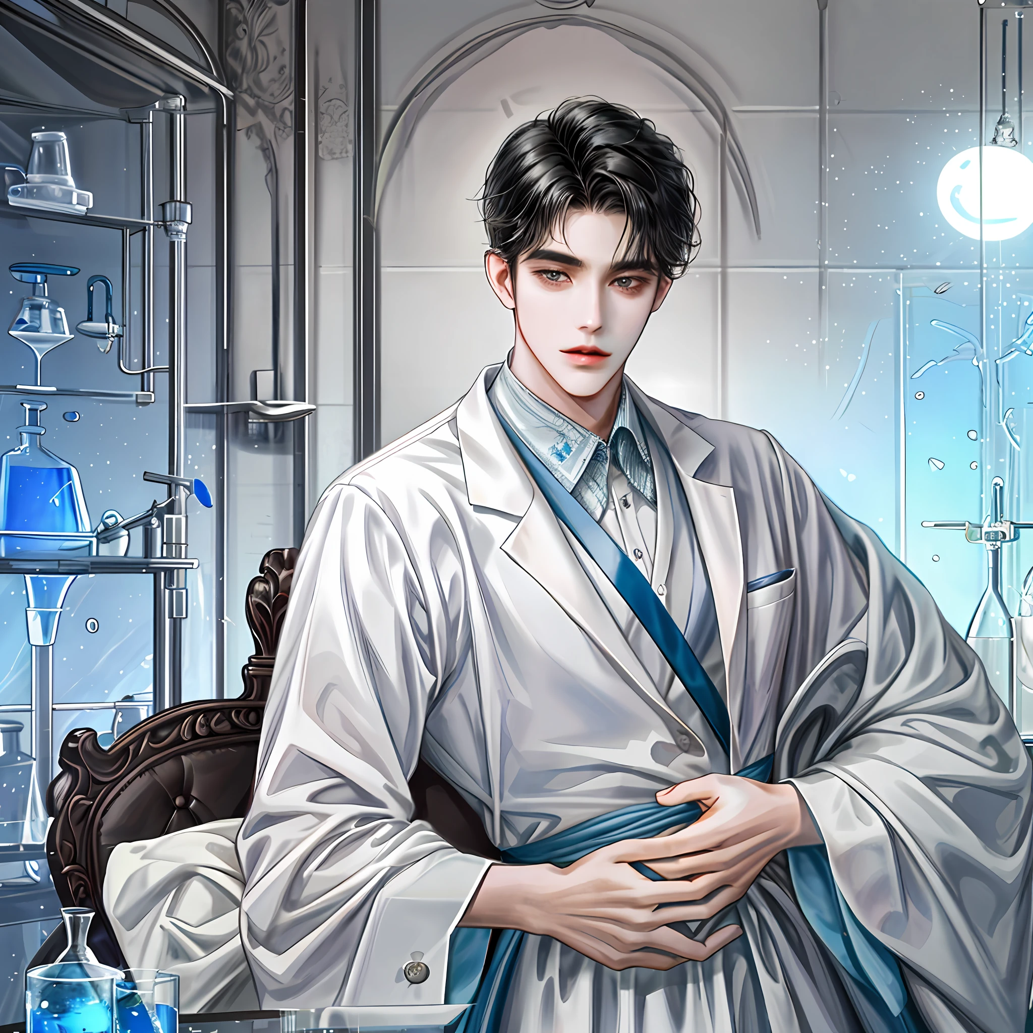 1 person, perfect looking man, handsome, black hair, king, background detail, lab scene, lab, water laboratory, laboratory, gown, scientist, f