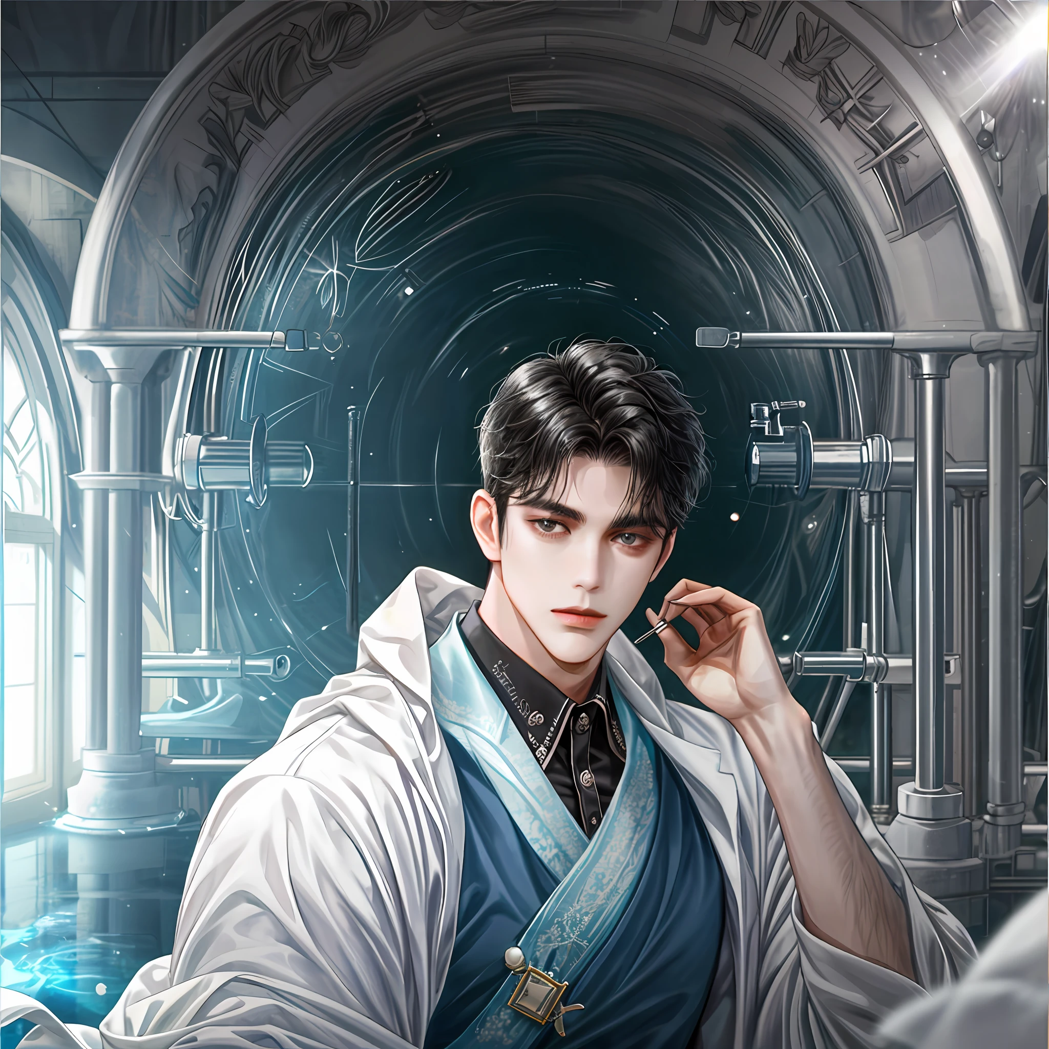 1 person, perfect looking man, handsome, black hair, king, background detail, lab scene, lab, water laboratory, water tank, laboratory, gown, scientist, f