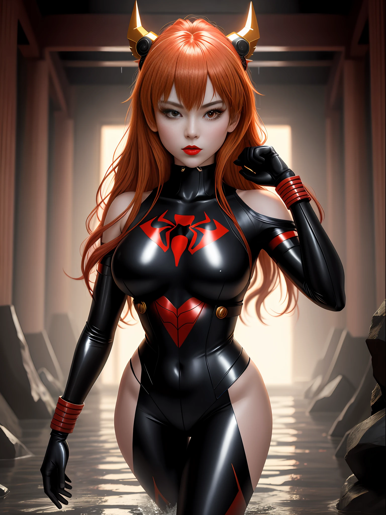 Full body photo of Asuka Langley Soryu/Zombie, standing, 1, in all black Shinobi/Spiderman costume with gold trim, immensely large breasts, wearing Oni helmet with demonic features, metal cables attached to body, looking for the viewer, heavy make-up on her face, red lipstick on her mouth, she is inside a macabre temple with several pointed beams on the walls, it is night and it is raining a lot, her body is completely soaked in water, her hair is all soaked in water, her anatomy is perfect, in fighting pose, fists up, Realist, anime, Pixar, Realism, 16k, best quality, highres, award winning, high details, UHD, masterpiece, anatomically correct, ccurate