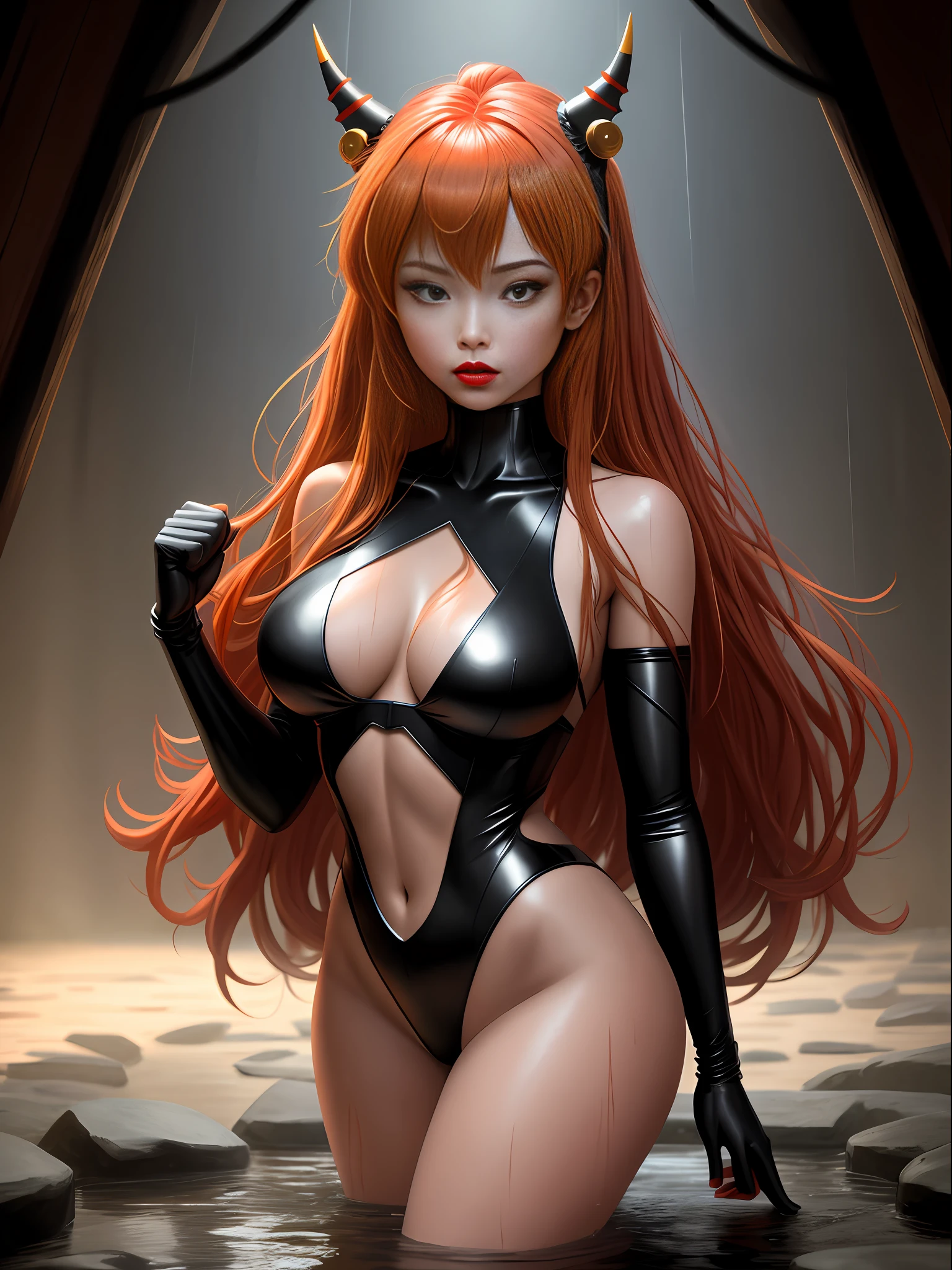 Full body photo of Asuka Langley Soryu/Zombie, standing, 1, in all black Shinobi/Spiderman costume with gold trim, immensely large breasts, wearing Oni helmet with demonic features, metal cables attached to body, looking for the viewer, heavy make-up on her face, red lipstick on her mouth, she is inside a macabre temple with several pointed beams on the walls, it is night and it is raining a lot, her body is completely soaked in water, her hair is all soaked in water, her anatomy is perfect, in fighting pose, fists up, Realist, anime, Pixar, Realism, 16k, best quality, highres, award winning, high details, UHD, masterpiece, anatomically correct, ccurate