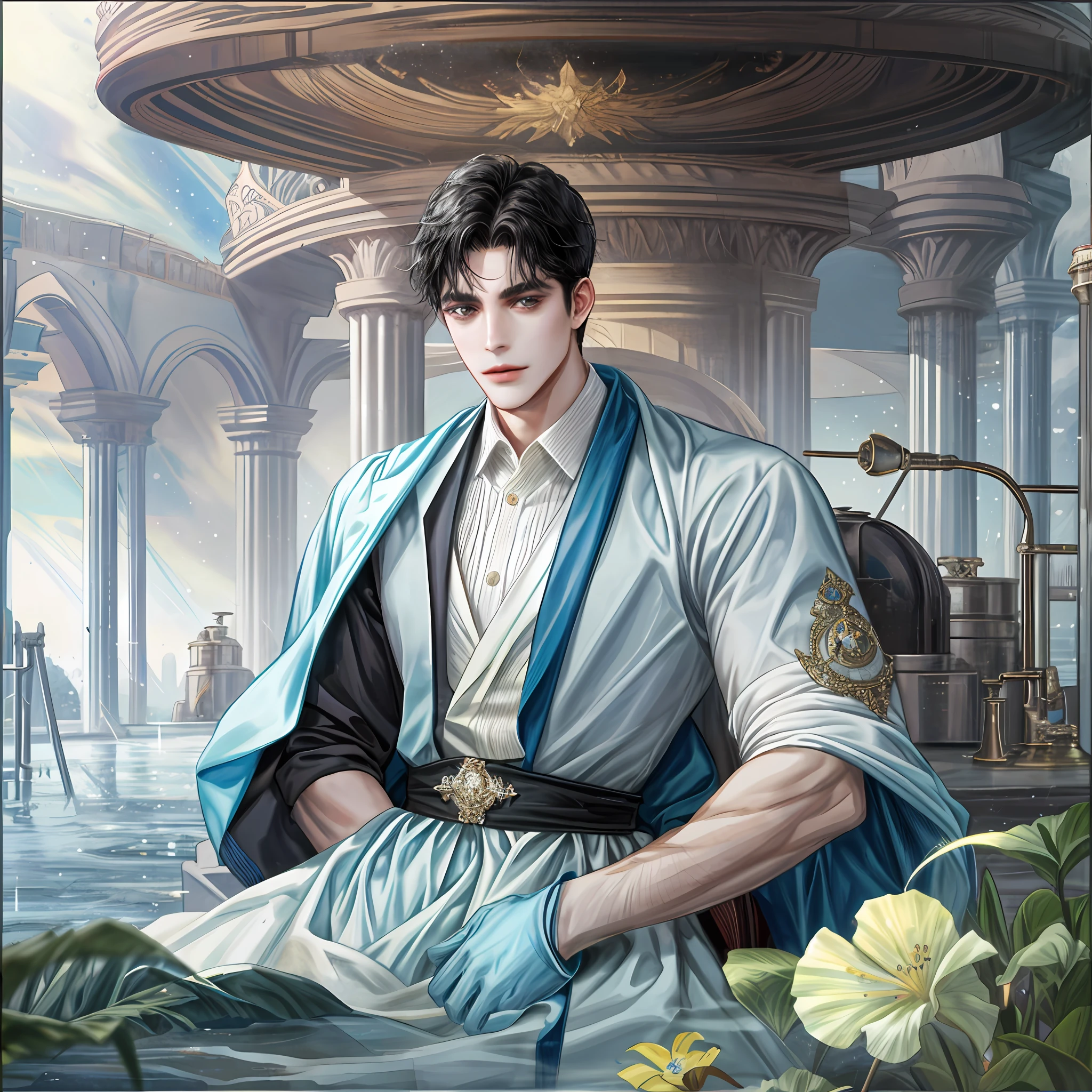 1 person, perfect looking man, handsome, black hair, king, background detail, lab scene, lab, water laboratory, water tank, laboratory, gown, scientist, f