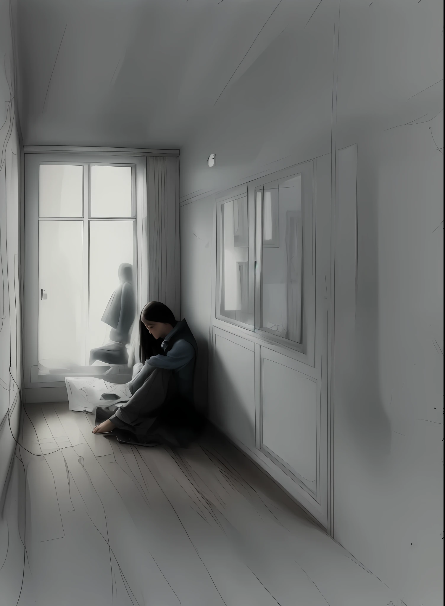 drawing of a person sitting in a room with a window, what depression looks like, sketch of a lucid dream, anxiety environment, claustrophobic room, claustrophobia, melancholic art, in a claustrophobic, dramatic illustration, lonely and sad, trapped in my conscious, scribble art, loneliness, a portrait of a suicidal girl