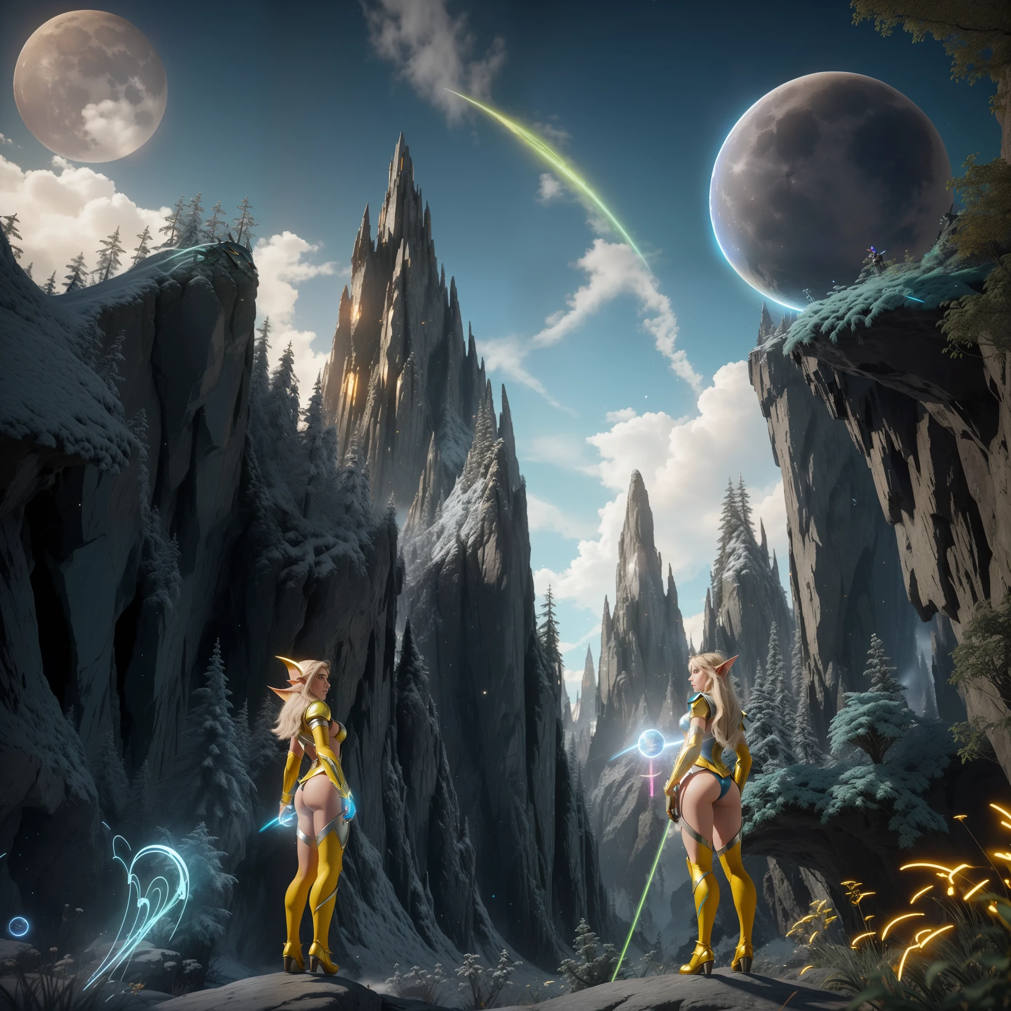 rear angle, highly detailed color photo, rear angle, full body,close, close, of (female elf, wearing gold and silver costume, clouse-up, neon blue halo, face shield, neon blue light eyes), outdoors, (looking at advanced alien structure, in middle-earth), toned body, big ass, (fantasy), (mountains: 1.1), (lush green vegetation), (3 moons in the sky: 0.8), (highly detailed, hyperdetailed, intricate), ((TIME DAY)), (lens flare:0.7), (bloom:0.7), particle effects, raytracing, diffuse cinematic lighting