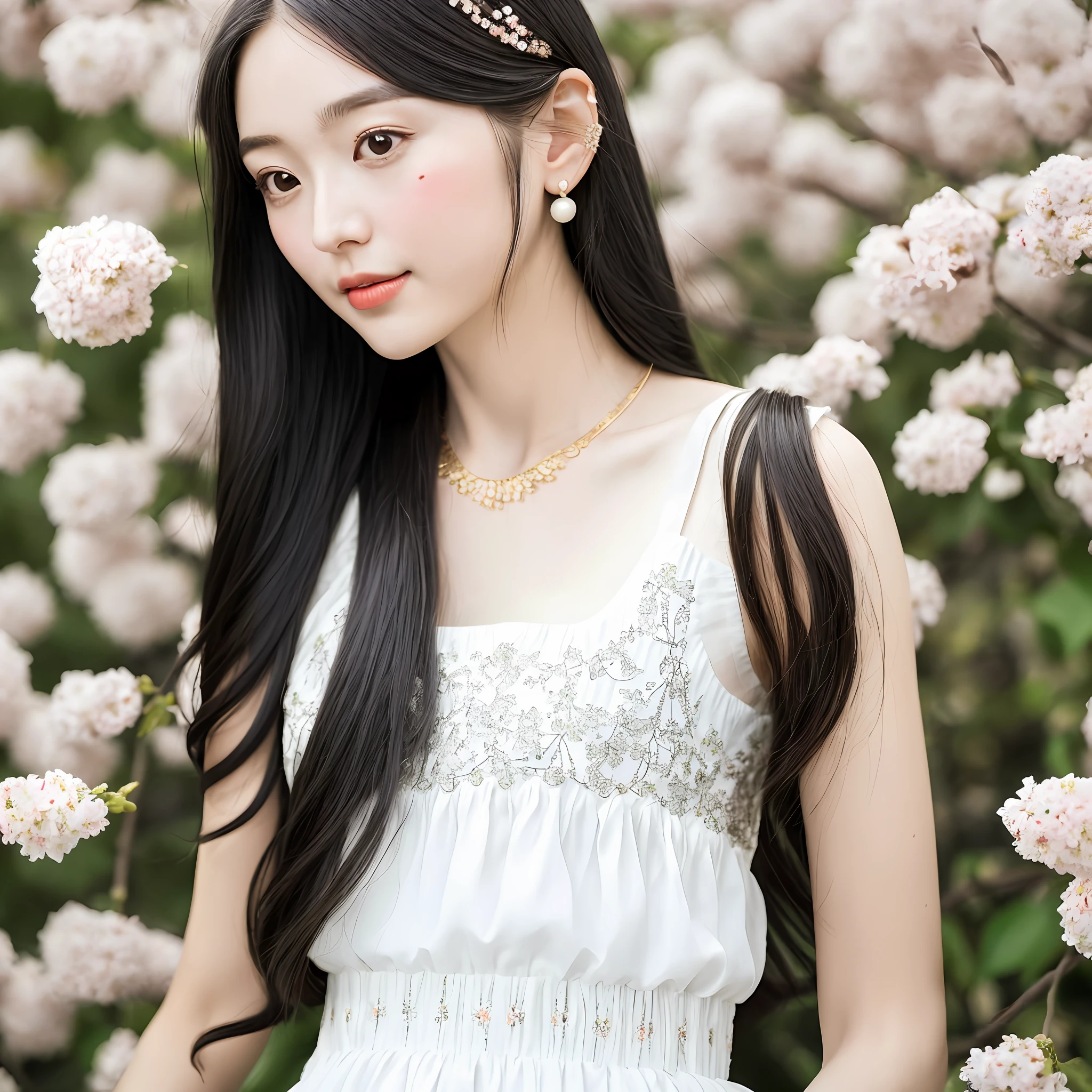 Master works, a beauty with long hair and waist, loli girl, antique beauty, real portrait, thin waist, raised head, perfect figure, black long hair, white sleeveless Hanfu fairy long skirt, black waist seal, silk texture, simple clothing, pure temperament, delicate white and flawless face, blush, shy, delicate beautiful eyes, delicate nose, delicate mouth, facial features, beauty, black eyes bright, lying silkworms, long hair flying, hair clip, collarbone, necklace, earrings, , eyes looking at the camera, head high and straight, Charming and beautiful, bust, white pear blossom background, fairy-like, depth of field