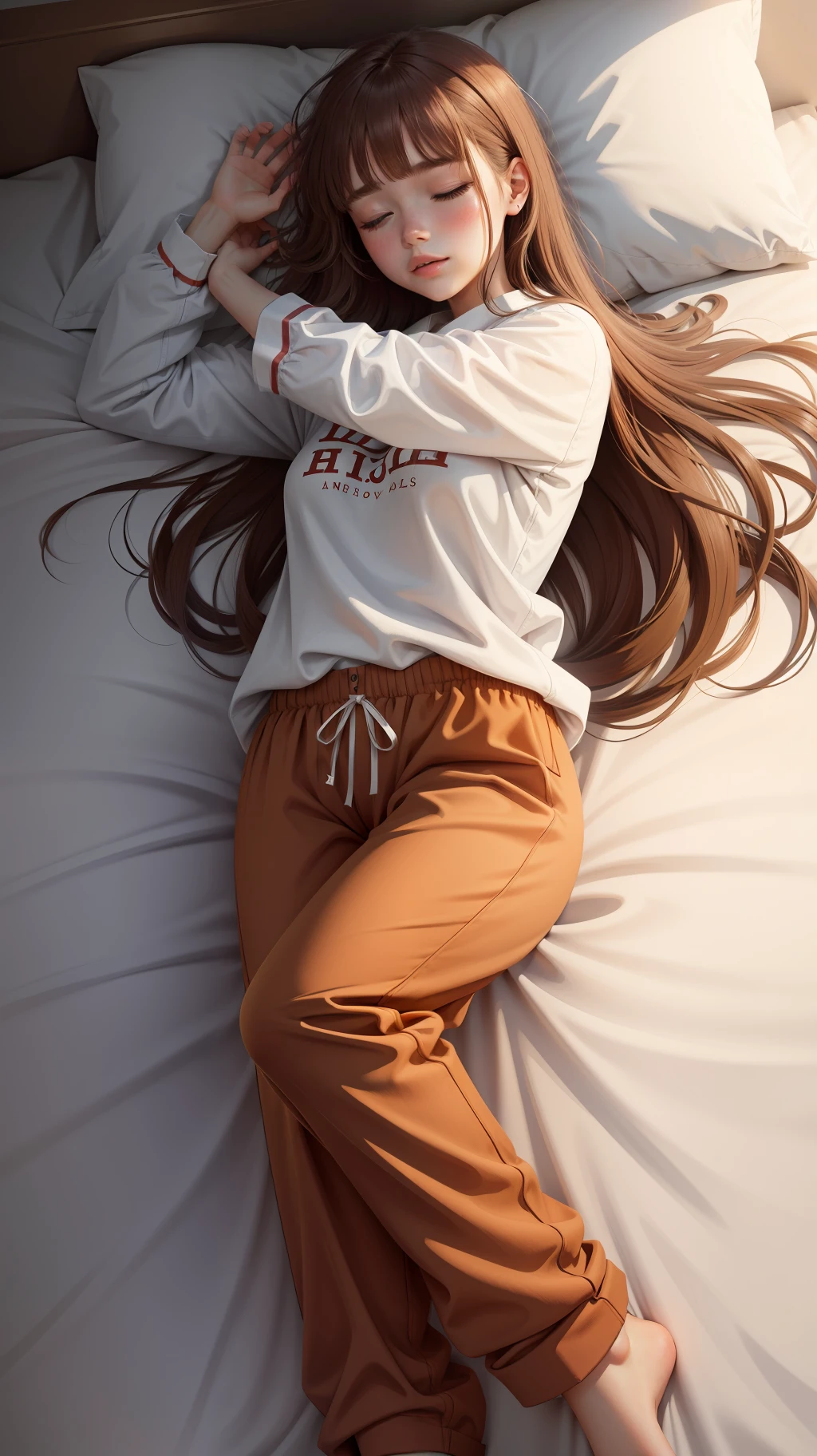 Sleeping girl, 22 years old, realistic, is in long pants, is in red pajamas, brown hair.
