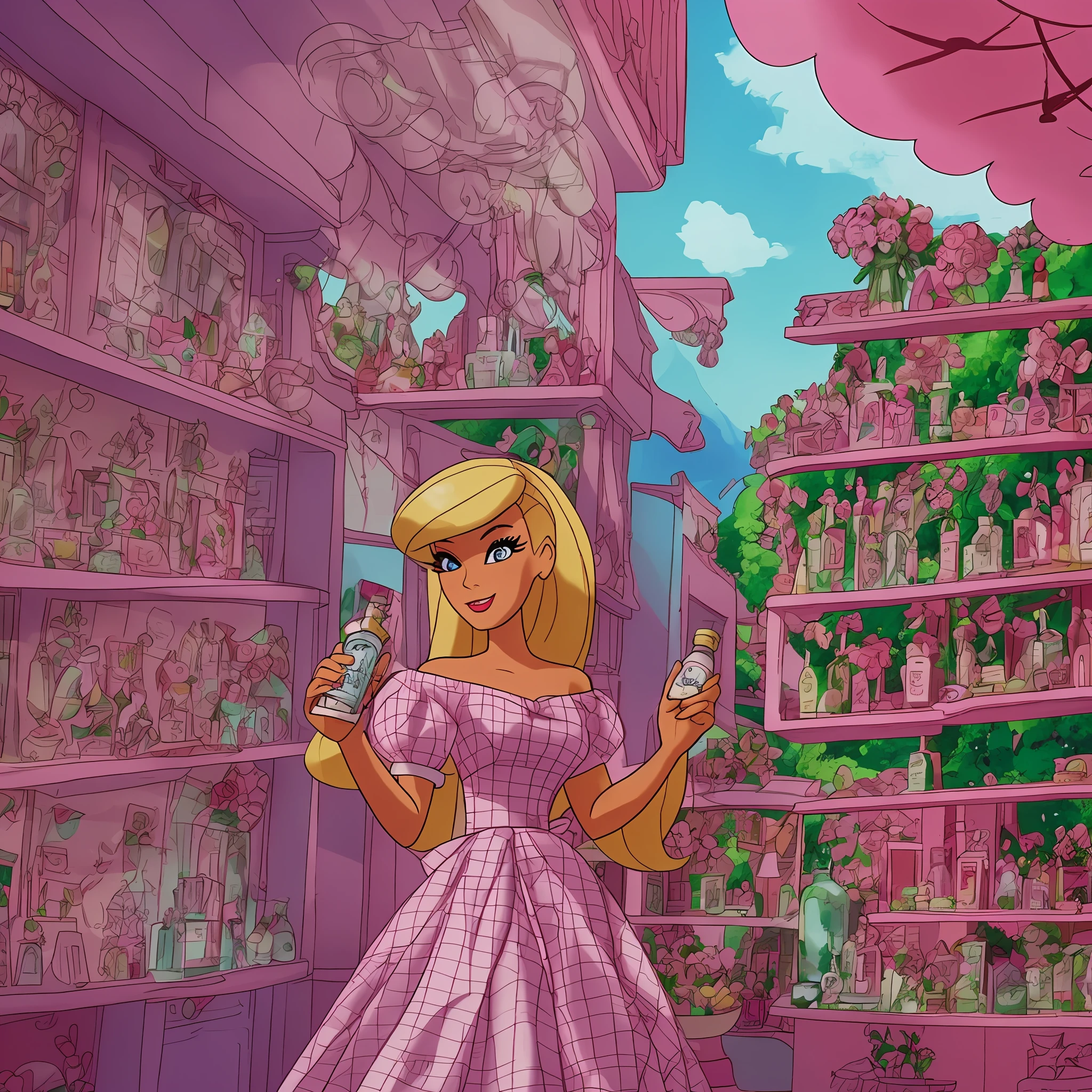 Make another scene with the same style, barbie is inside a perfume store, she's holding a bottle of perfume, shes wearing a checkered pink and white dress and the background is showing a lot of beautiful bottles of perfume